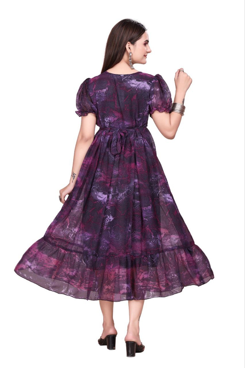 Women And Girl Printed Georgette Maxi Dress with Puff Sleeves