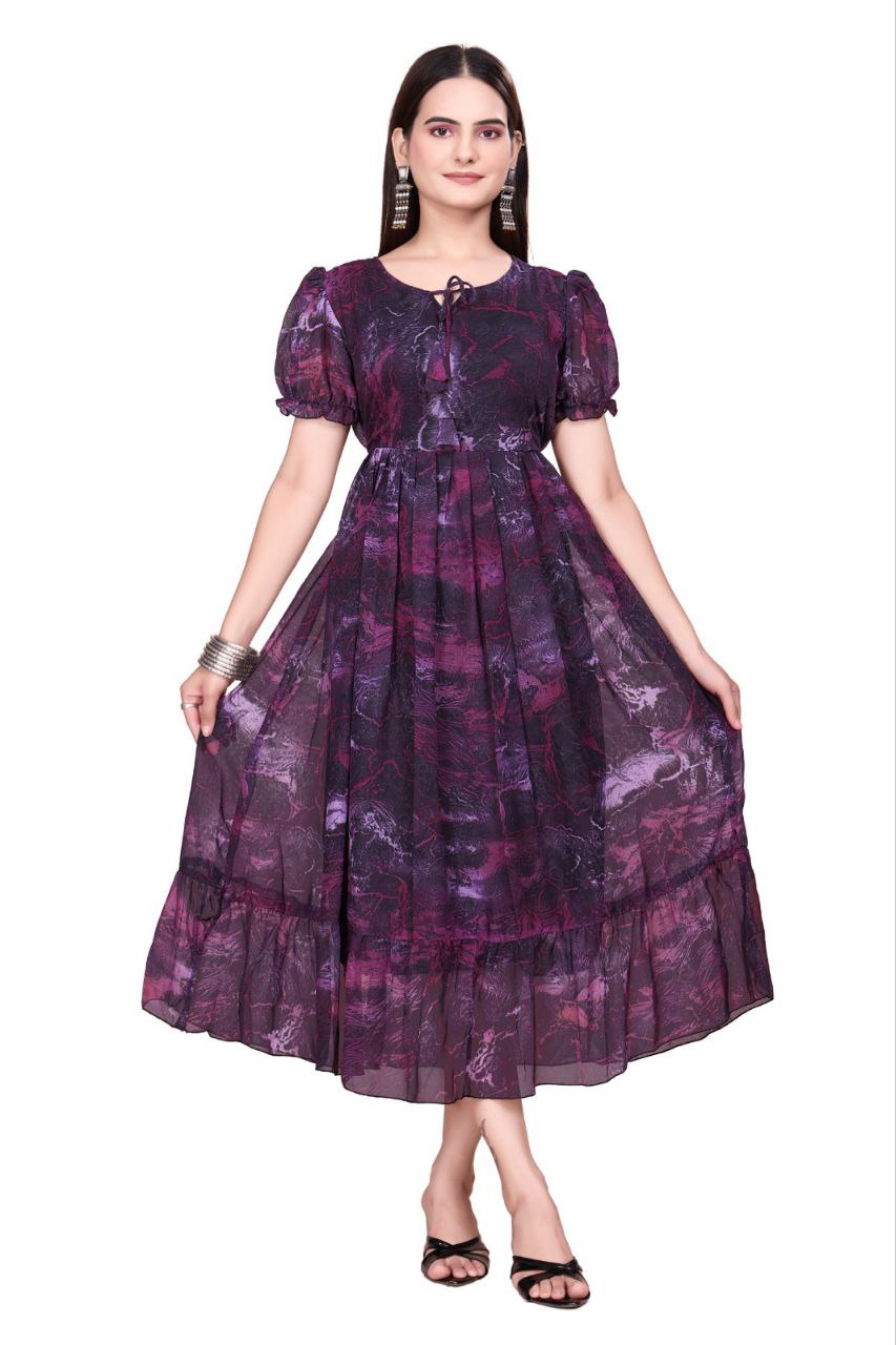 Women And Girl Printed Georgette Maxi Dress with Puff Sleeves