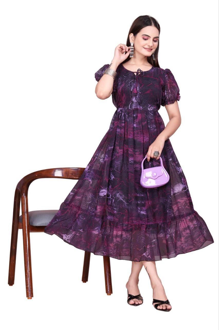 Women And Girl Printed Georgette Maxi Dress with Puff Sleeves