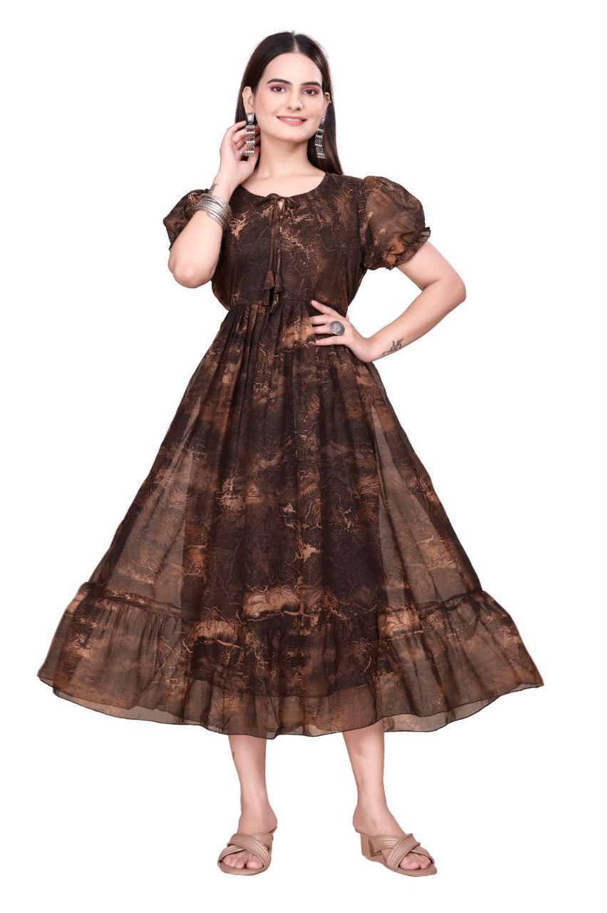 Women And Girl Printed Georgette Maxi Dress with Puff Sleeves