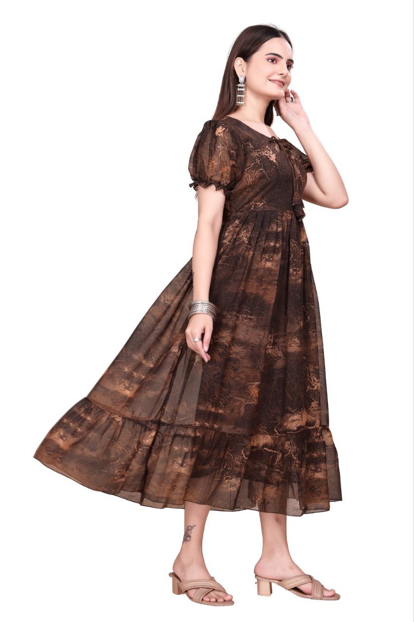 Women And Girl Printed Georgette Maxi Dress with Puff Sleeves