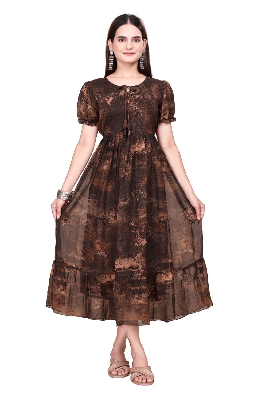 Women And Girl Printed Georgette Maxi Dress with Puff Sleeves