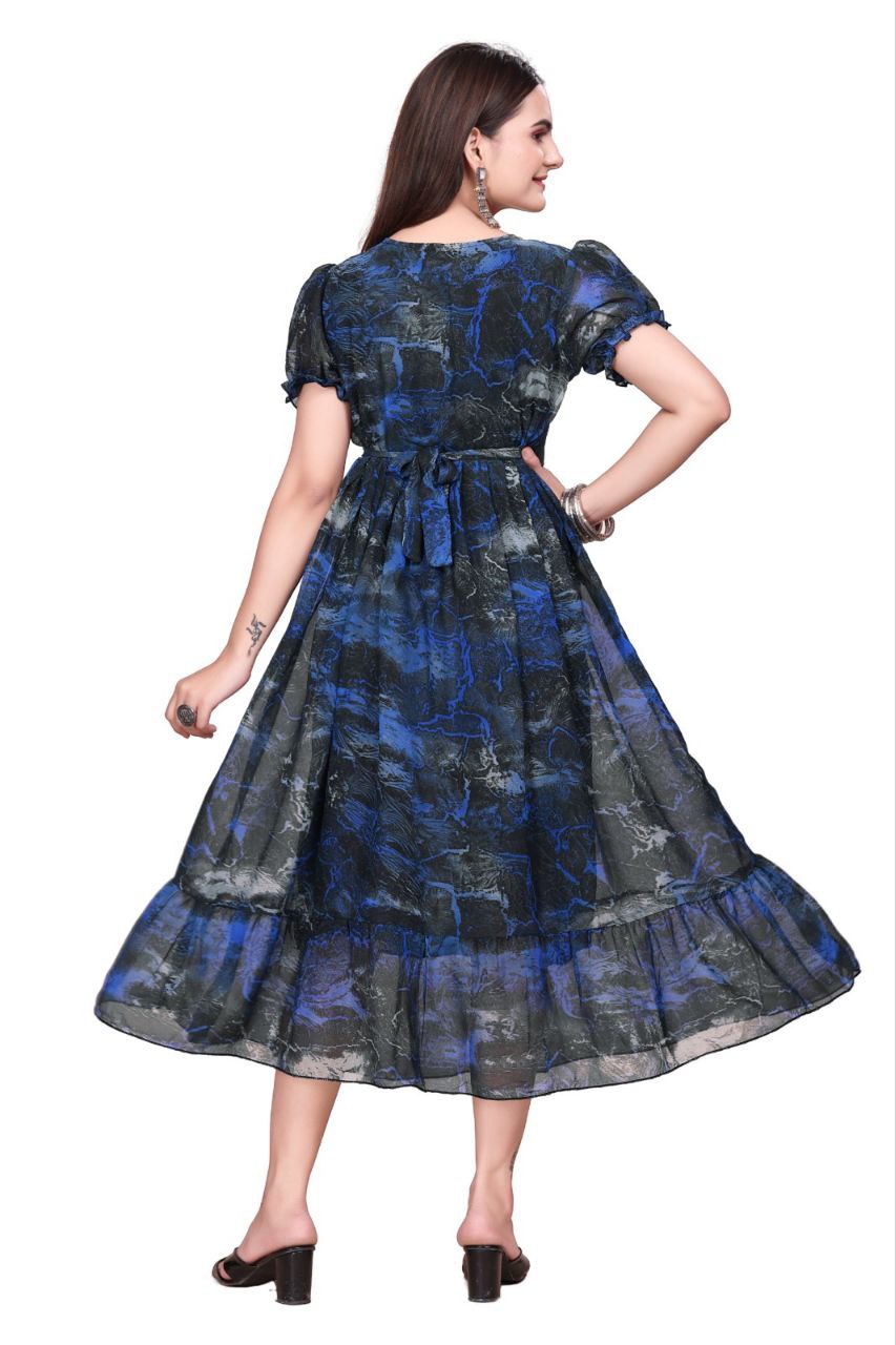 Women And Girl Printed Georgette Maxi Dress with Puff Sleeves