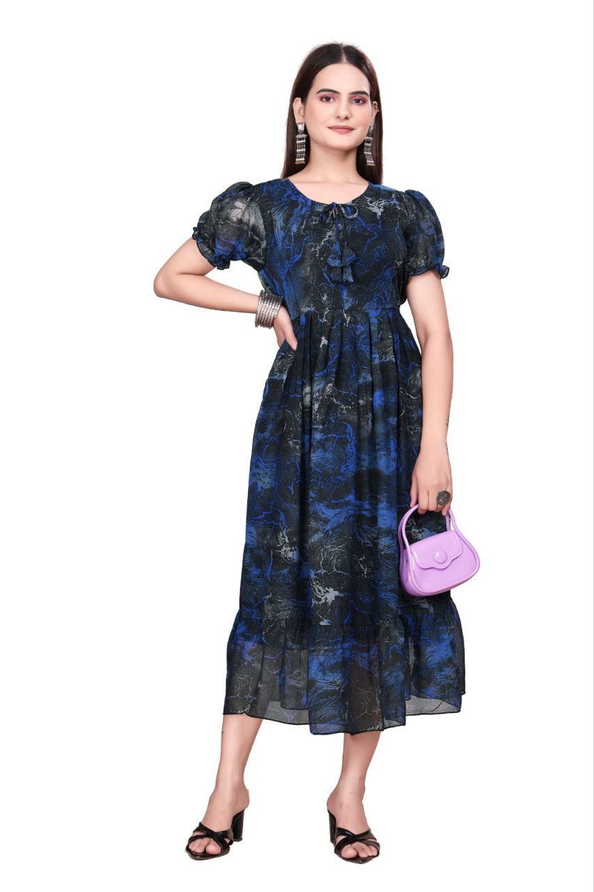 Women And Girl Printed Georgette Maxi Dress with Puff Sleeves