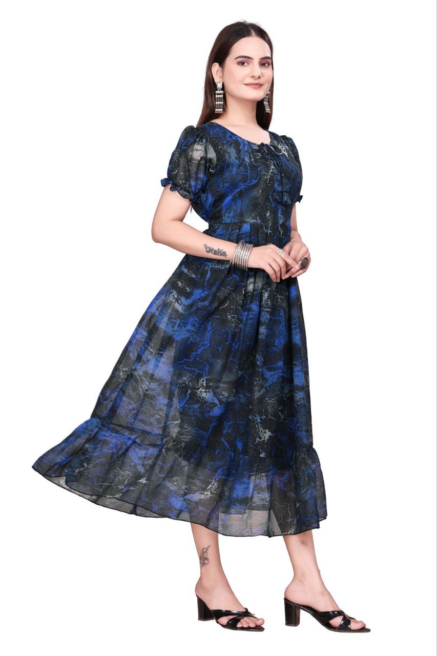 Women And Girl Printed Georgette Maxi Dress with Puff Sleeves