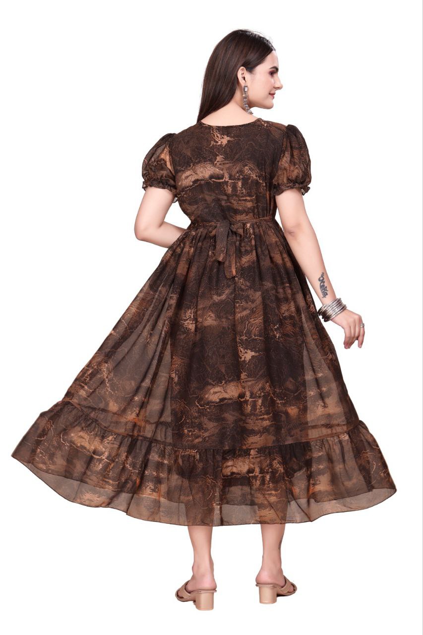 Women And Girl Printed Georgette Maxi Dress with Puff Sleeves
