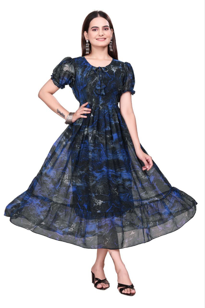 Women And Girl Printed Georgette Maxi Dress with Puff Sleeves