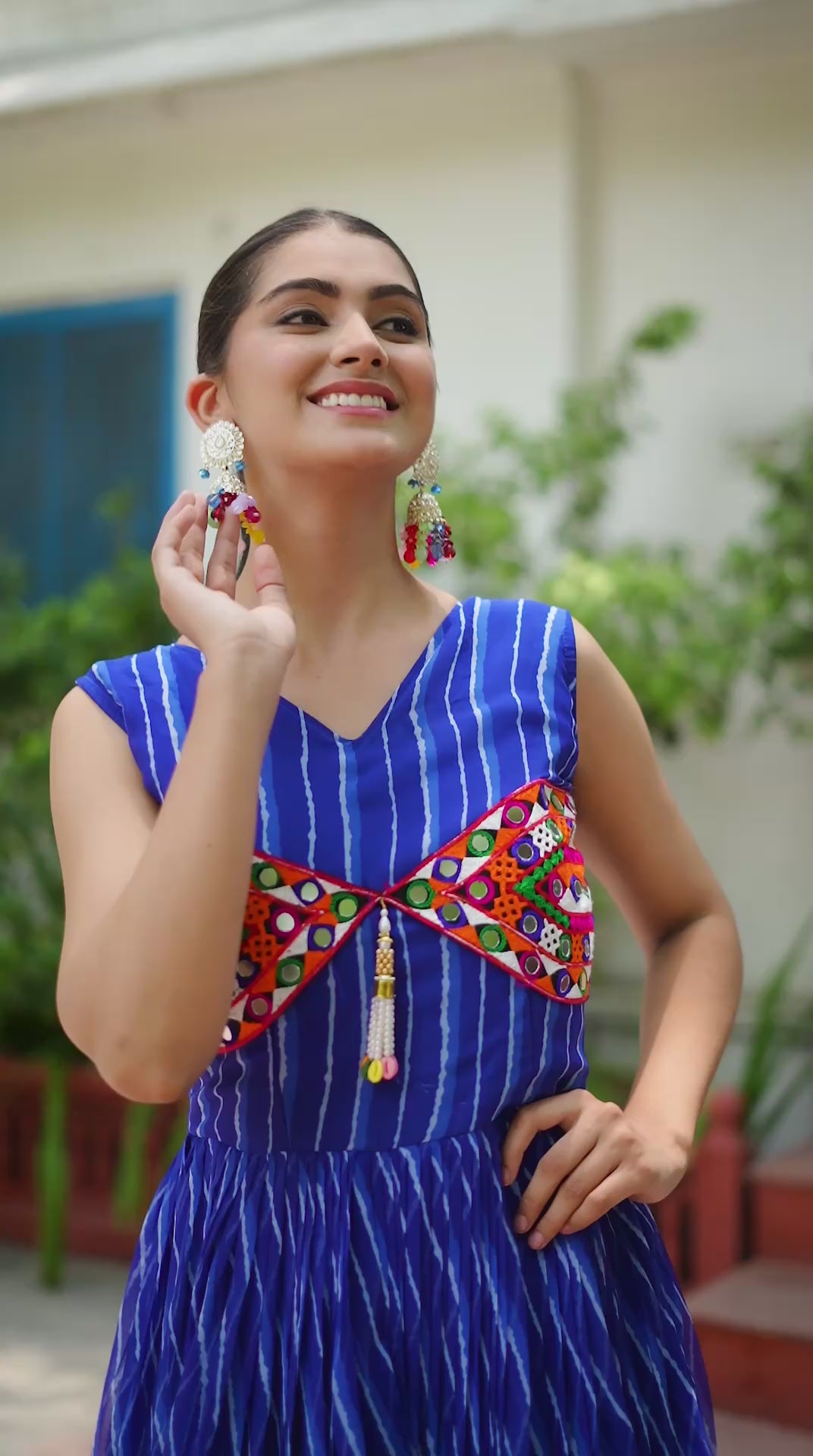 Navratri Special Blue Georgette Bandhani Printed Readymade Gown