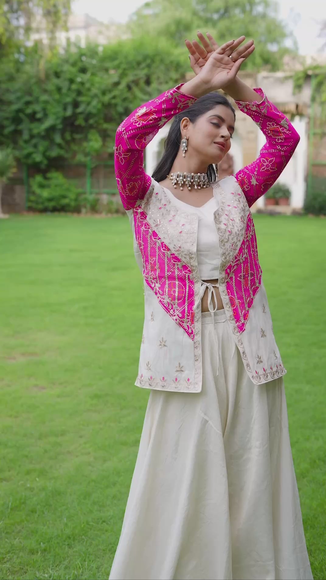 Designer White Flair Palazzo with Red And Pink Bandhani Jacket for Festive Wear