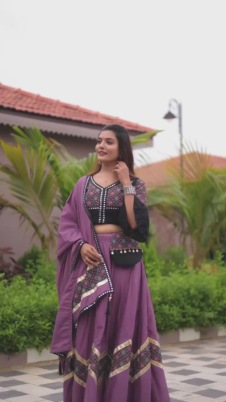 Vibrant Purple Lehenga Choli with Contrast Black Blouse & Dupatta