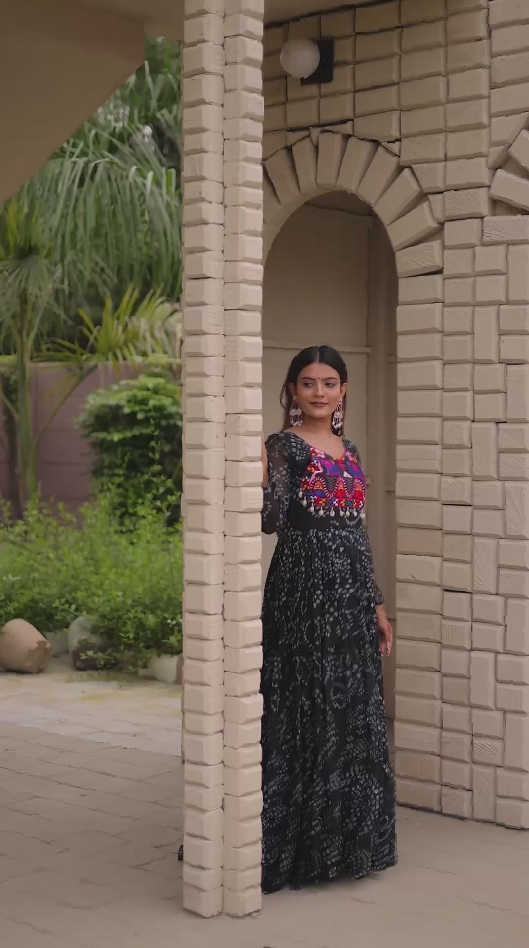 Black Georgette Bandhani Print Navratri Special Gown with Kutchi Patch Work