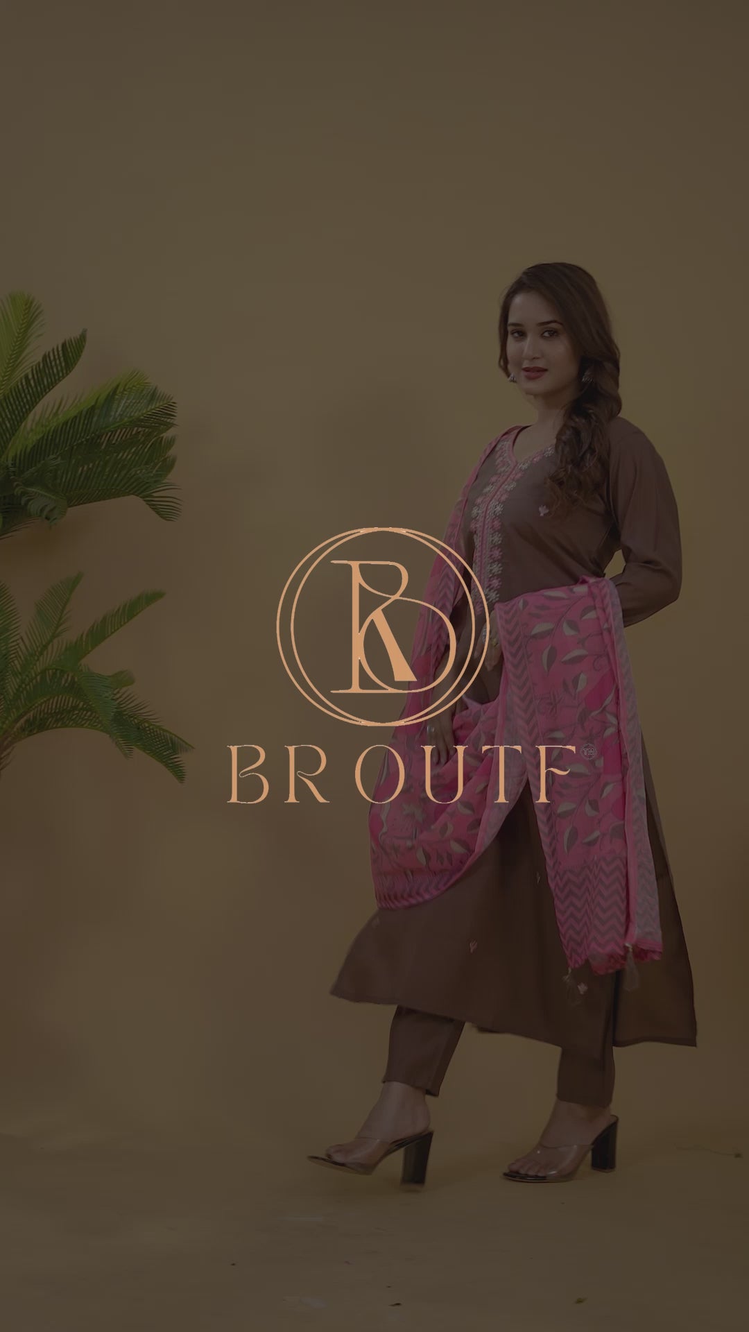 Coffee Brown Embroidered Kurta Suit Set with a Pink Printed Dupatta