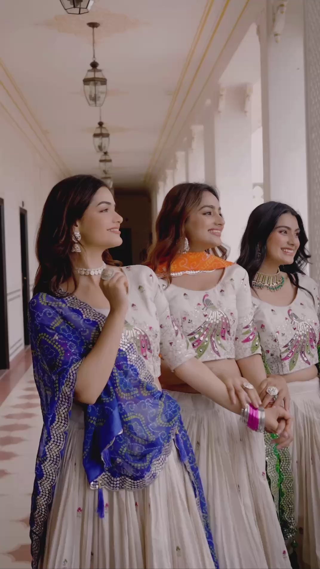 Designer Off-White Lehenga Choli with Heavy Thread Work and Contrast Bandhani Dupatta