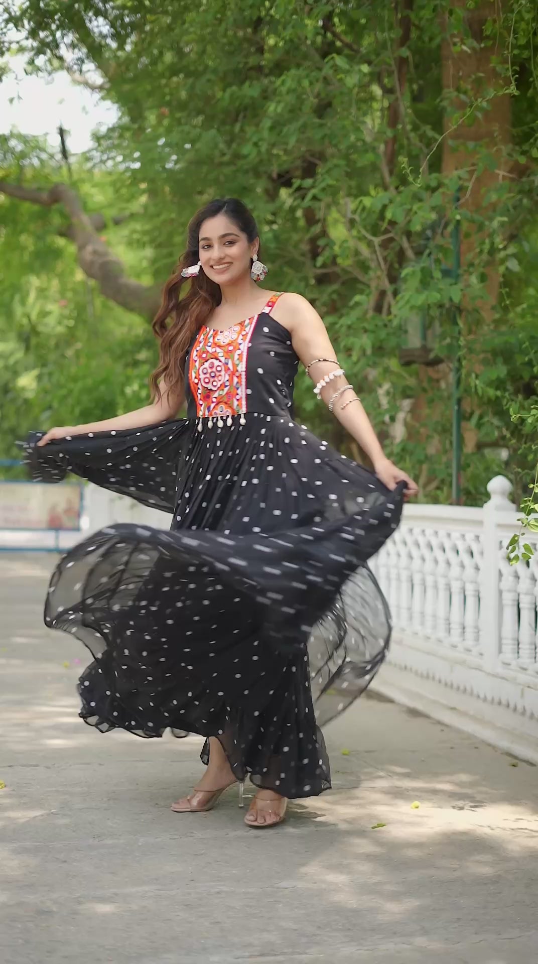 Black Georgette Bandhani Print Navratri Gown with Gamathi Embroidery