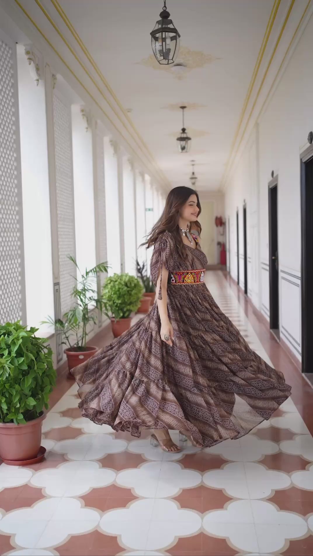 Navratri Special Bandhani Gown with Mirror Work & 9-Meter Flair