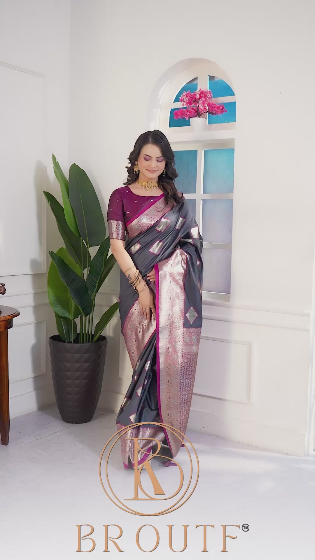 Elegant Grey & Purple Banarasi Silk Saree with Zari Woven Design