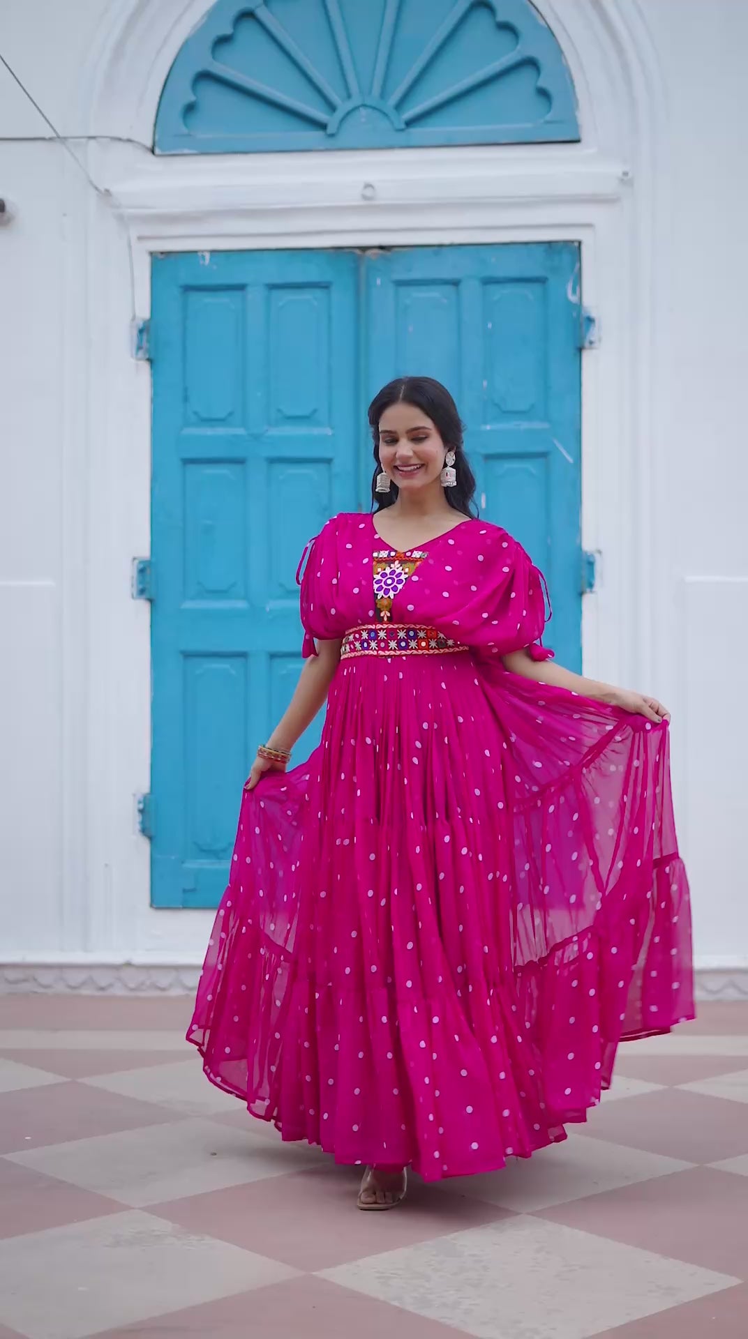 Vibrant Rani Pink Bandhani Print Georgette Gown for Navratri & Festive Occasions