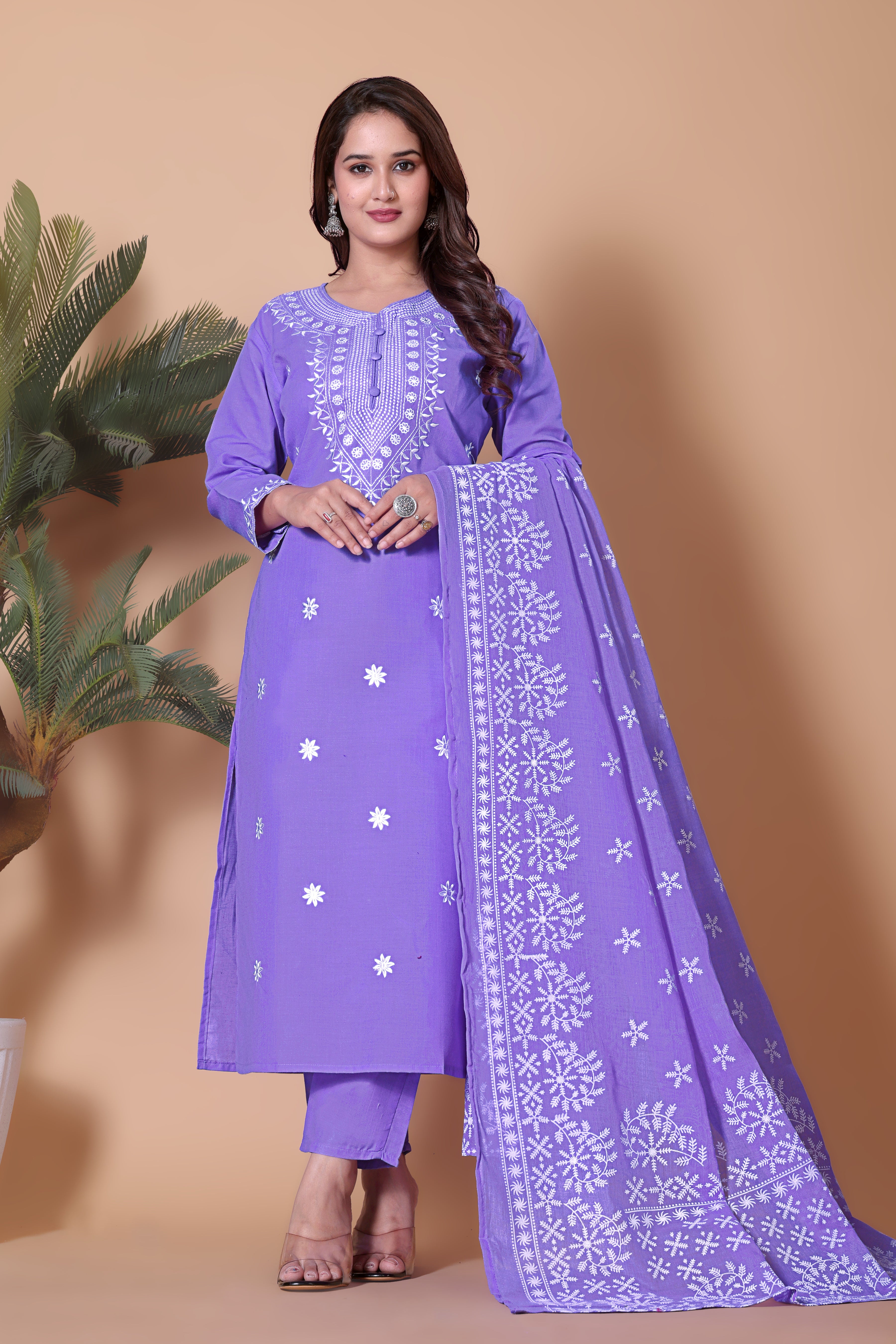 Lavender-Purple Cotton Blend Chikankari Embroidery Festive Wear Kurta with Dupatta Set