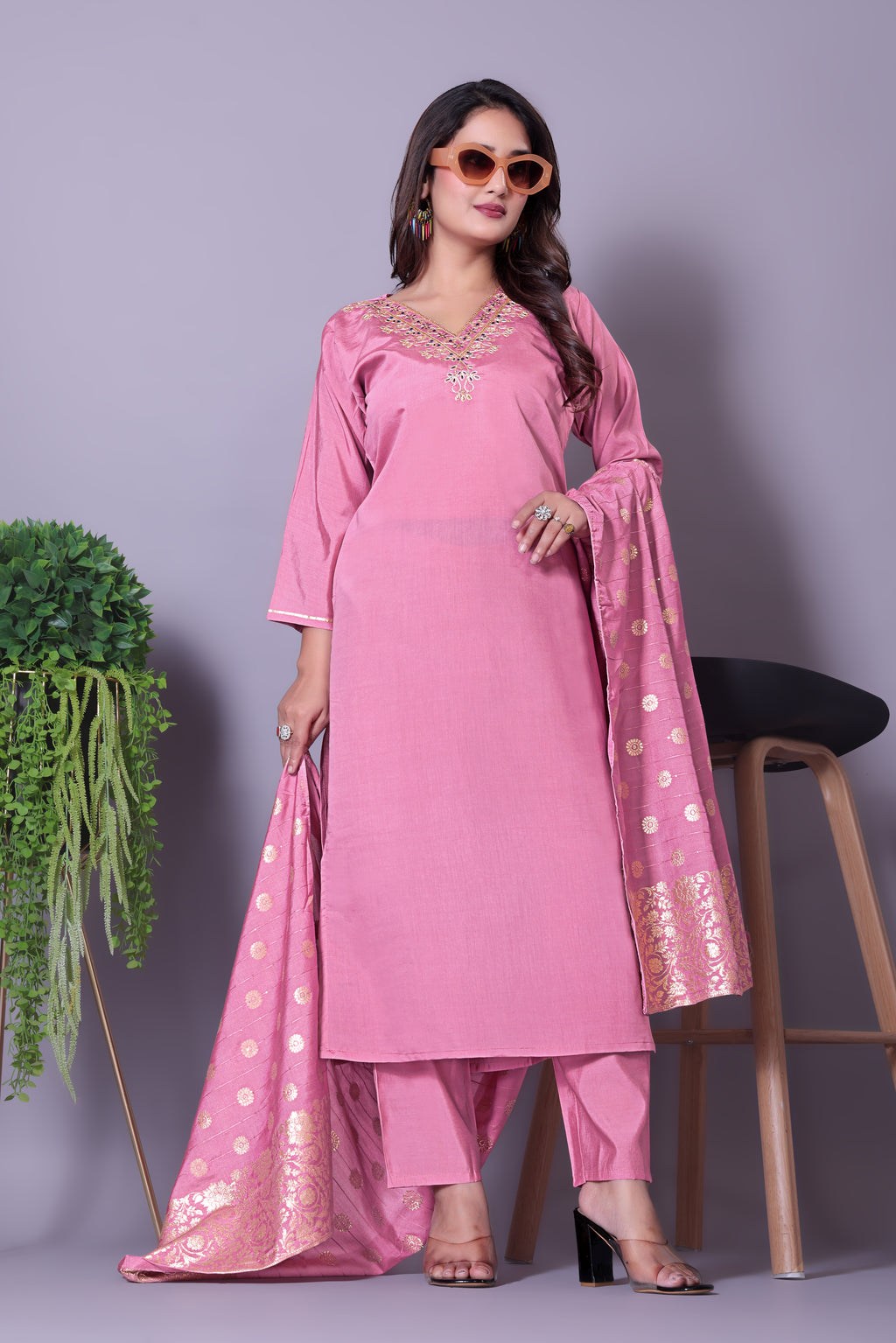 Women's Festive Wear Pink Ethnic Set with Gold Print Dupatta