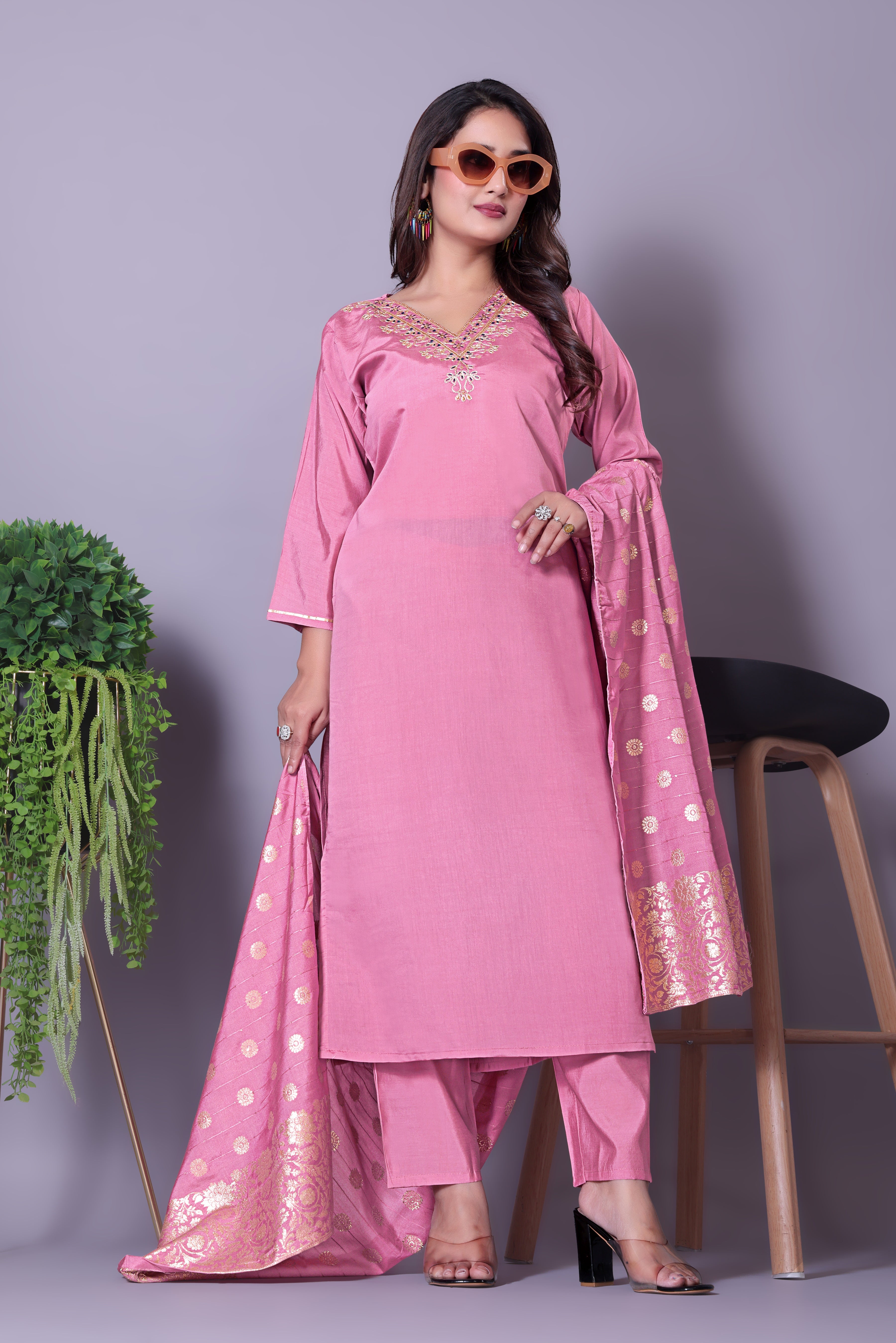 Women's Festive Wear Pink Ethnic Set with Gold Print Dupatta