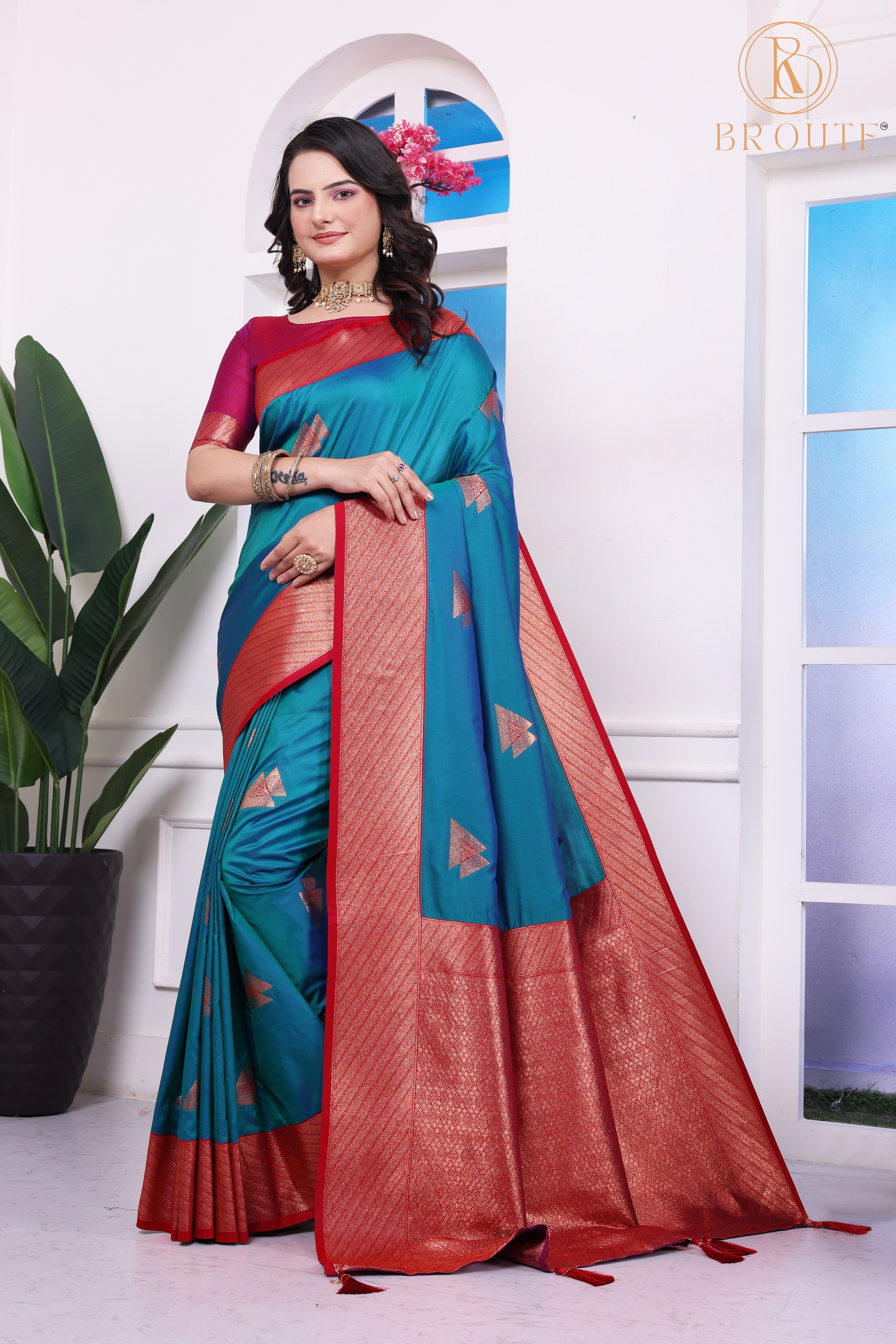Mitera Turquoise Blue & Red Woven Design Zari Organza Banarasi Saree