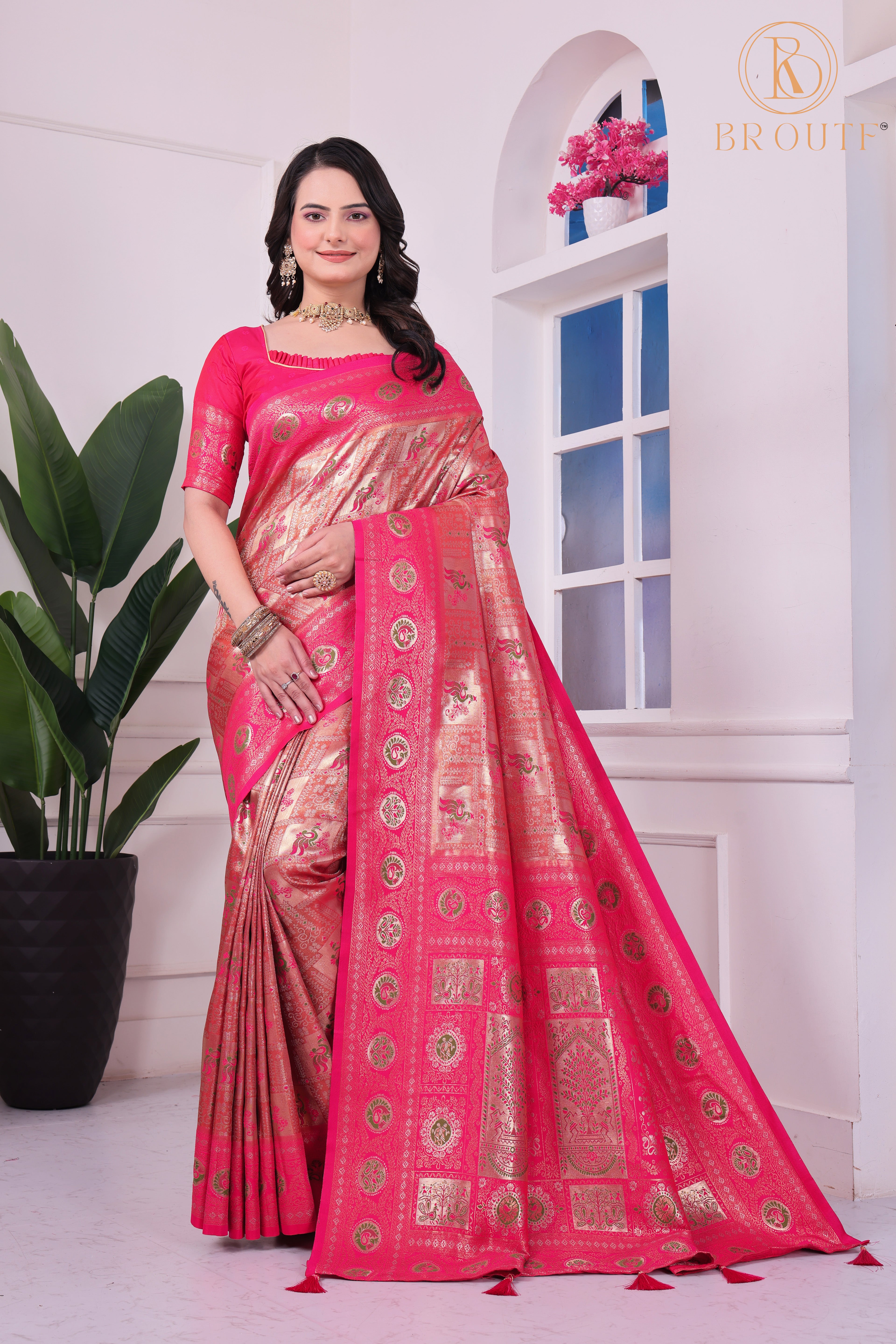 Elegant Pink Soft Silk Saree with Banarasi Zari Weaving and Tassels