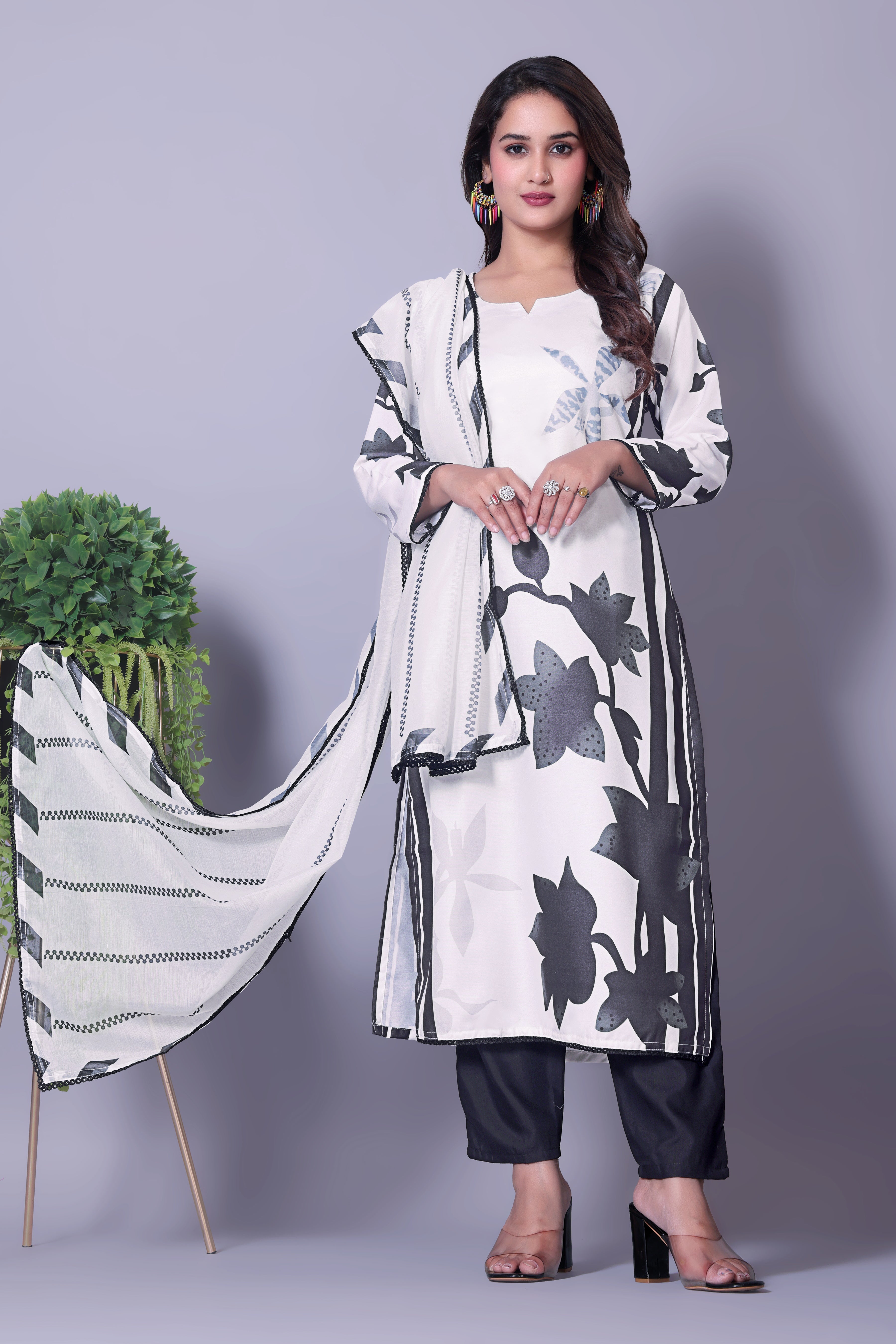 Elegant Black & White Floral Print Muslin Kurta Set with Dupatta for Women