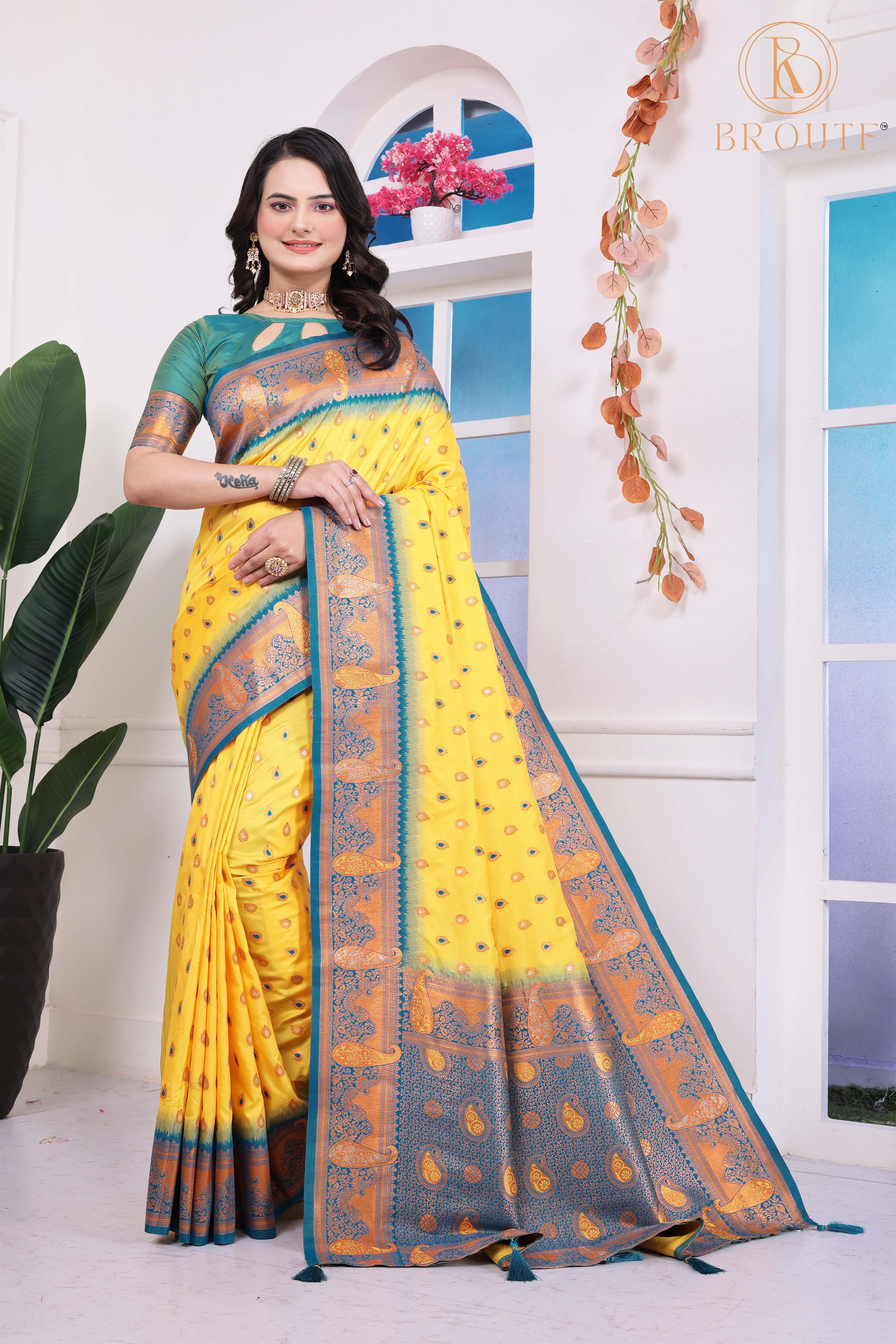 Yellow Art Silk Kanjeevaram Saree with Woven Ethnic Motifs