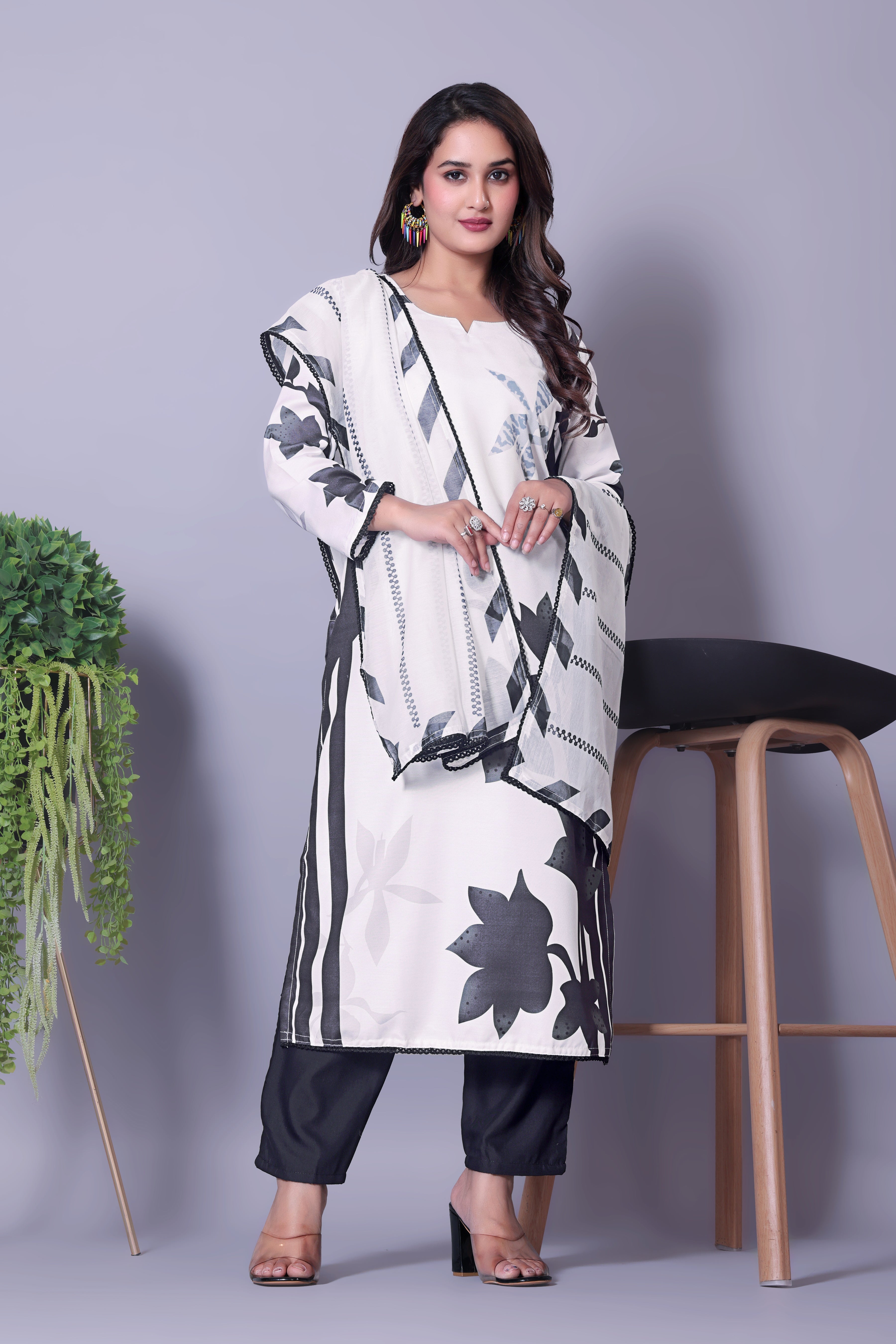 Elegant Black & White Floral Print Muslin Kurta Set with Dupatta for Women