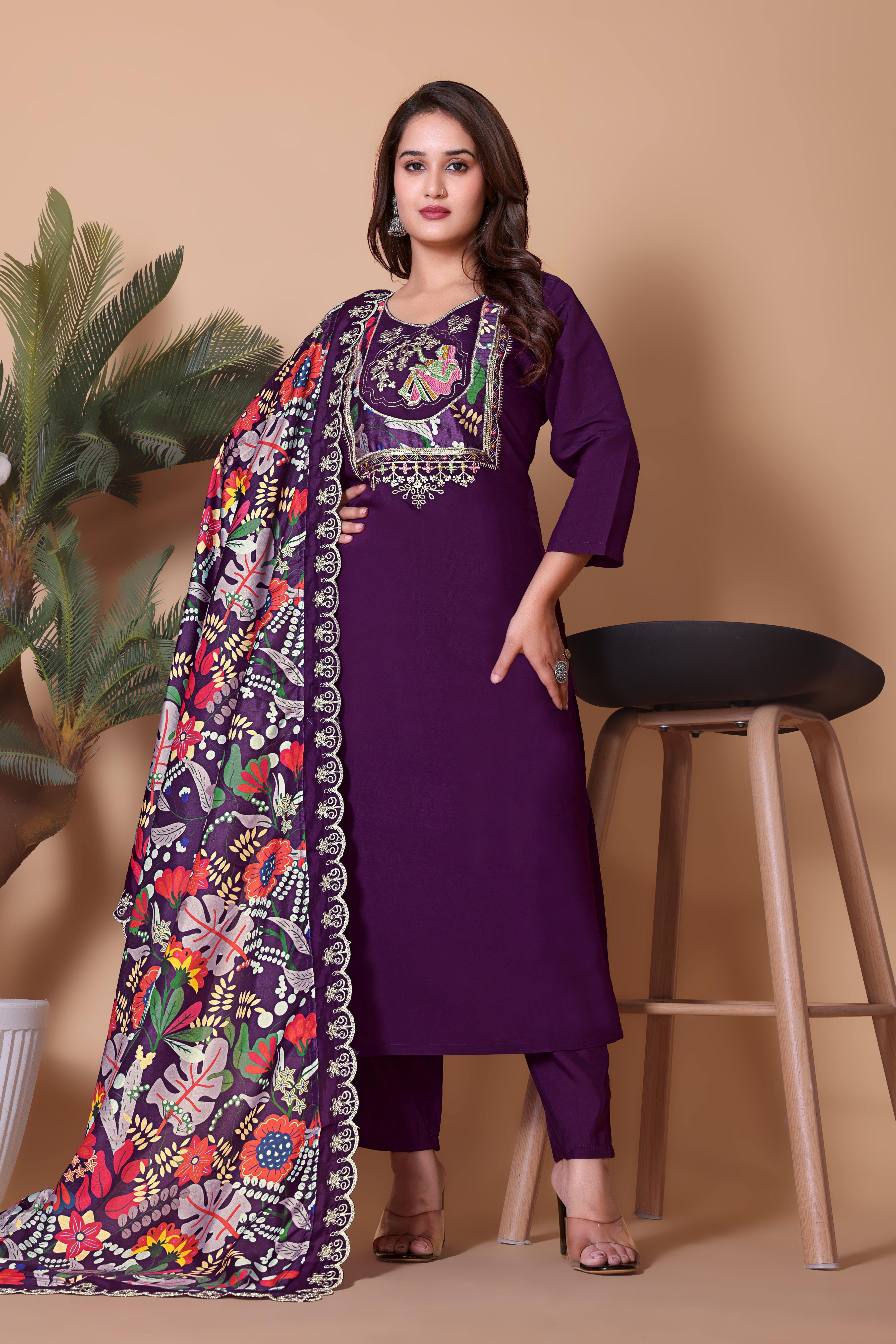 Purple Embroidered Kurta Set with Floral Print Dupatta