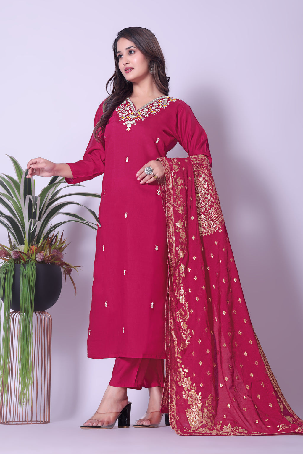 Women's Maroon Embroidered Kurta Pant Set with Dupatta