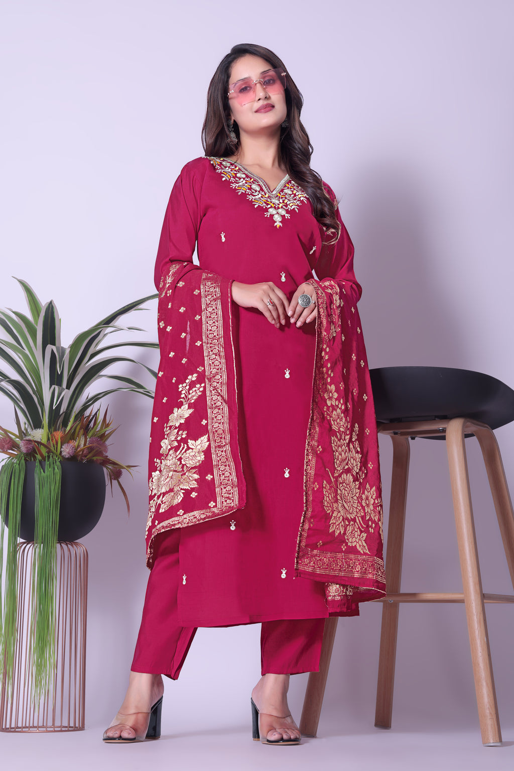 Women's Maroon Embroidered Kurta Pant Set with Dupatta