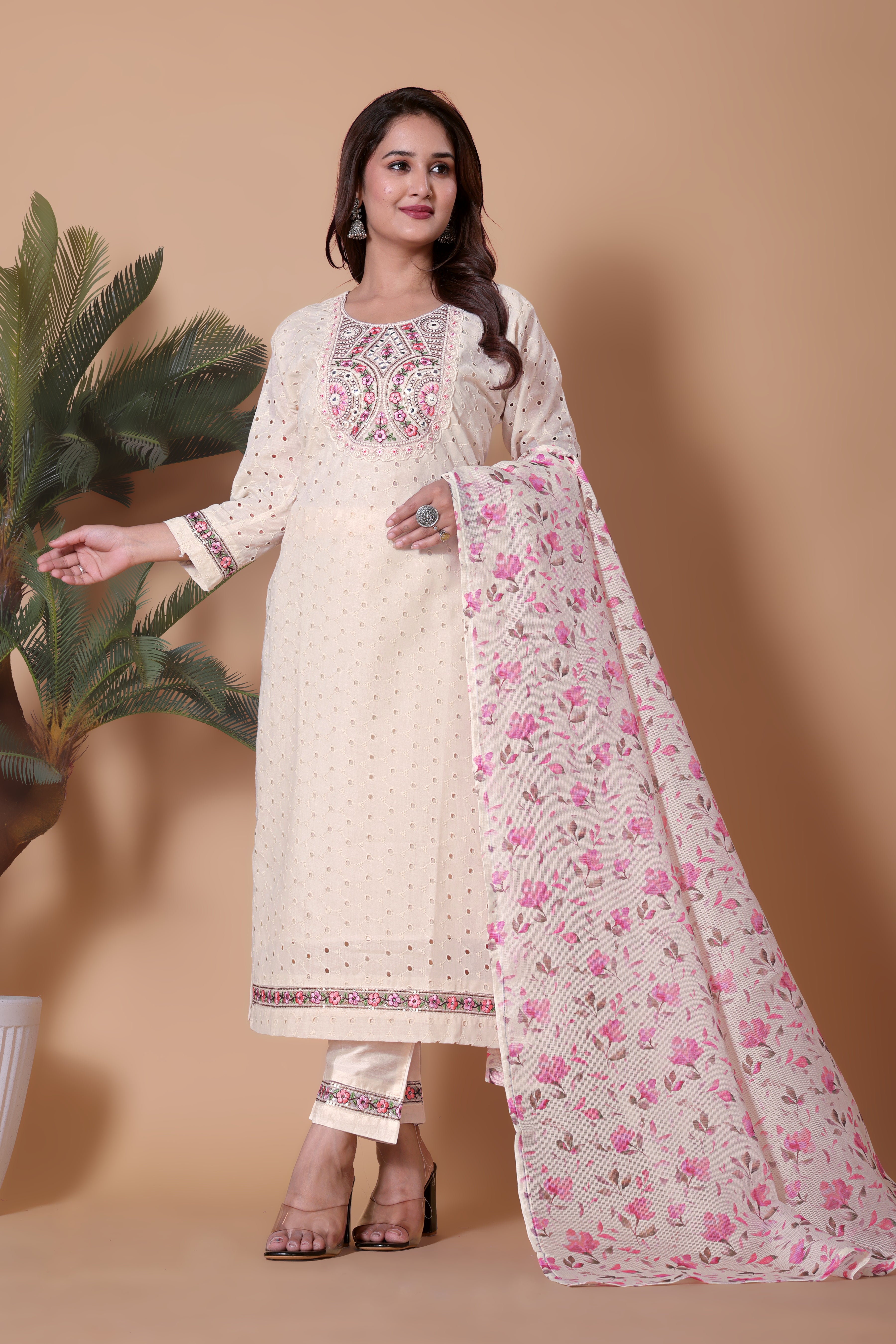Off-White Embroidered Kurti with Pink Floral Dupatta & Pant Set