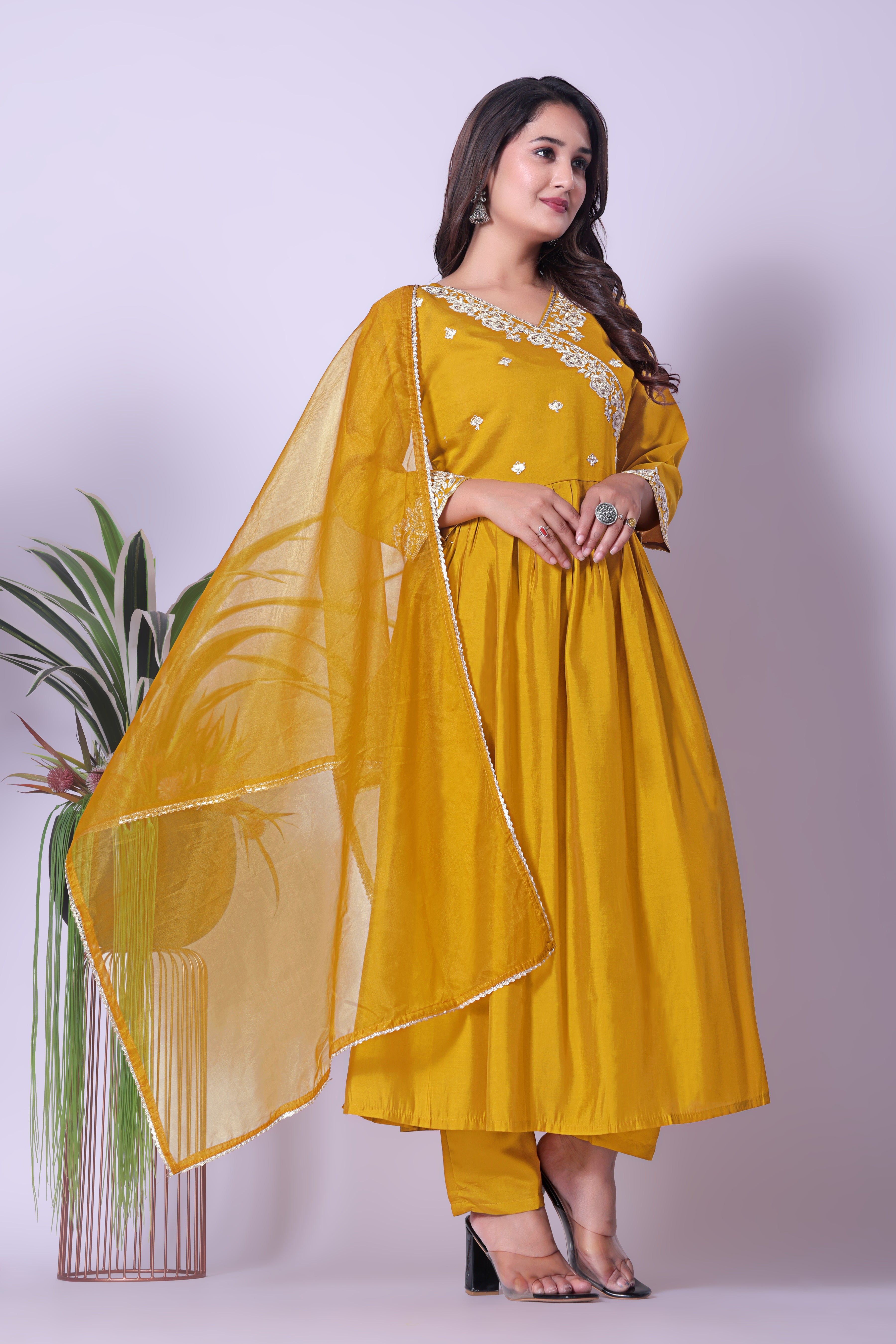 Women's Mustard Yellow A-Line Kurta with Pleated Details & Dupatta