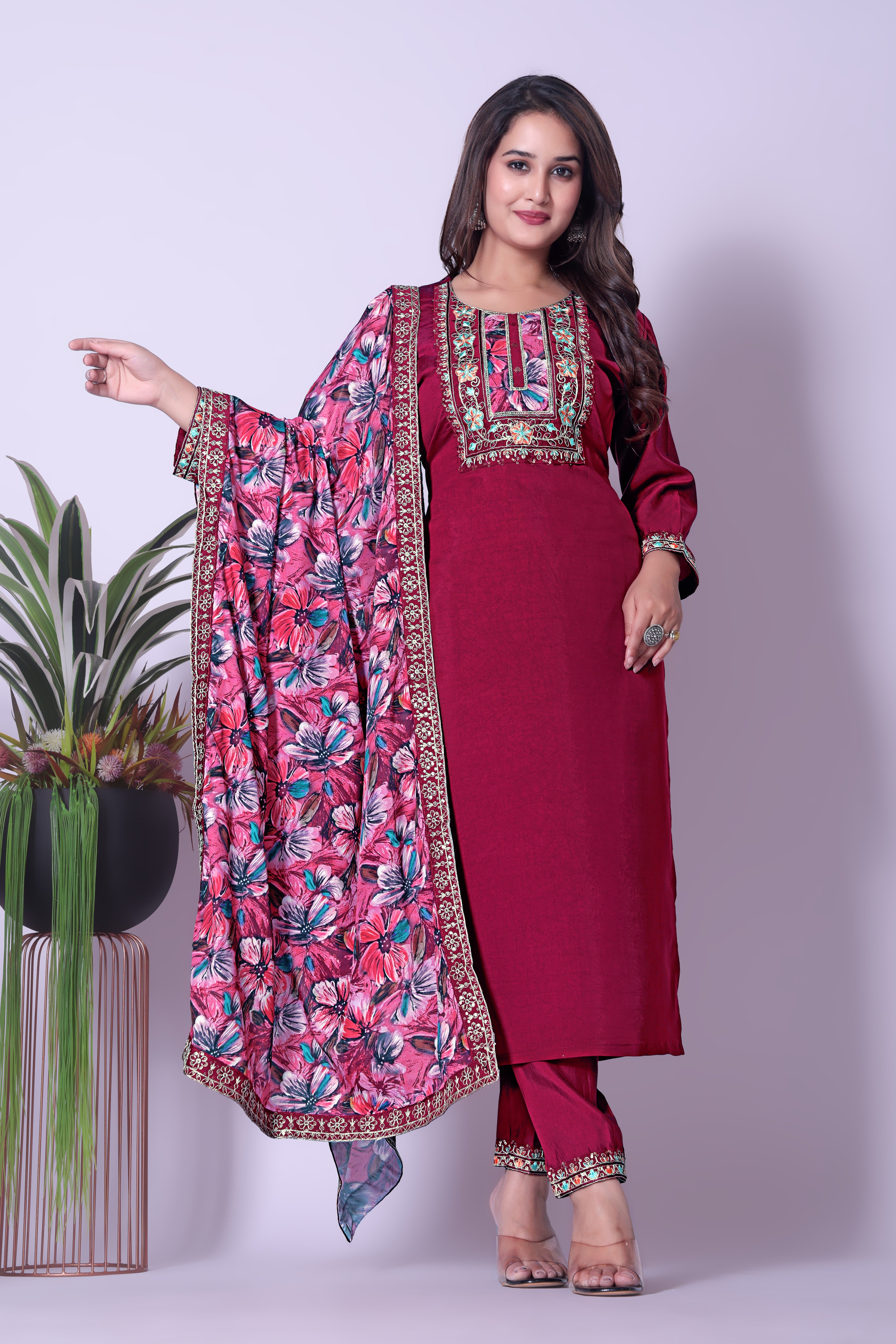 Stylish Maroon Straight Kurta Palazzo Set featuring Intricate Embroidery & Multi-color Dupatta