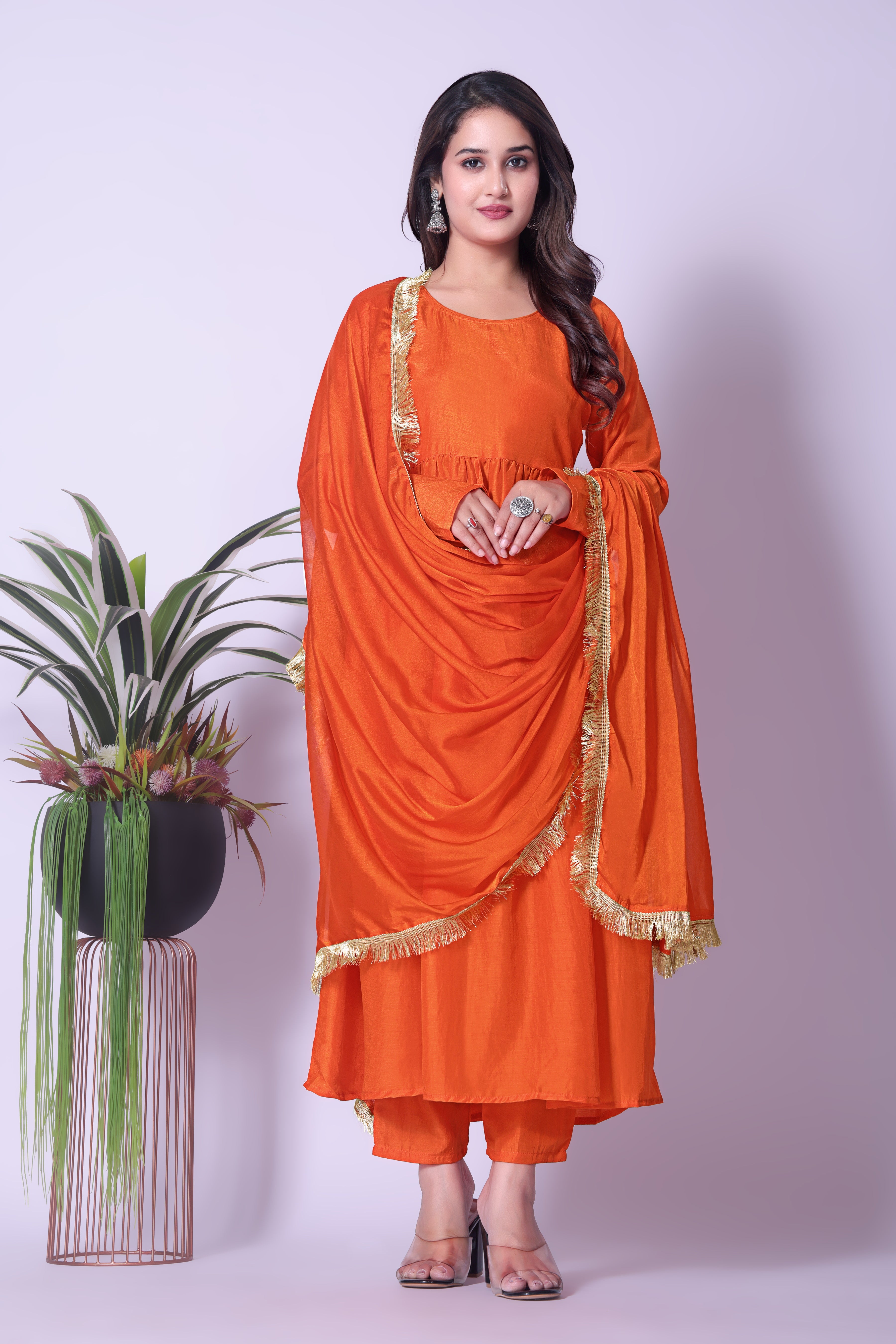 Vibrant Orange Rayon Flared Kurta Set for Women with Gota Patti Dupatta