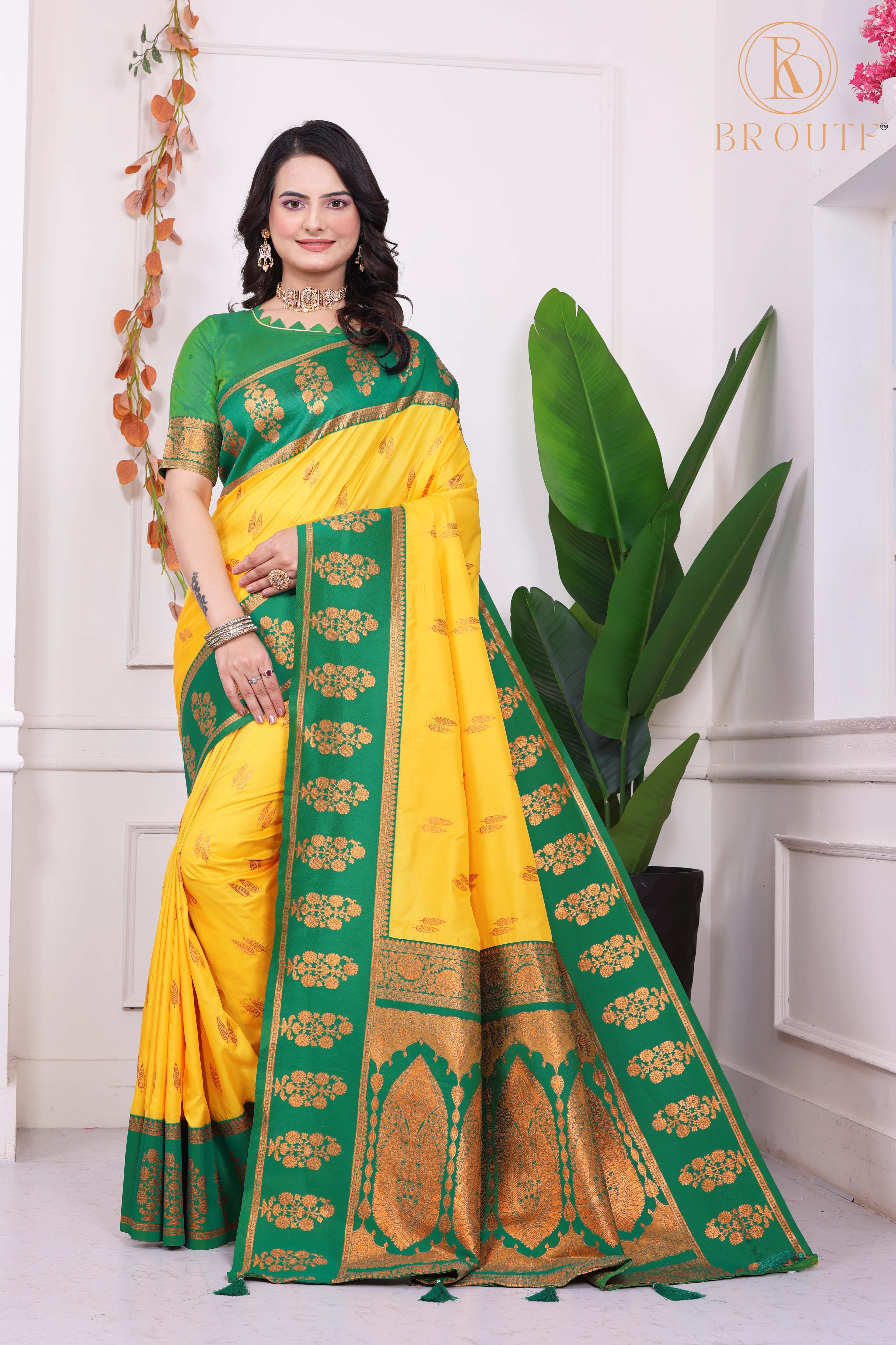 Festive Yellow & Green Banarasi Style Silk Saree