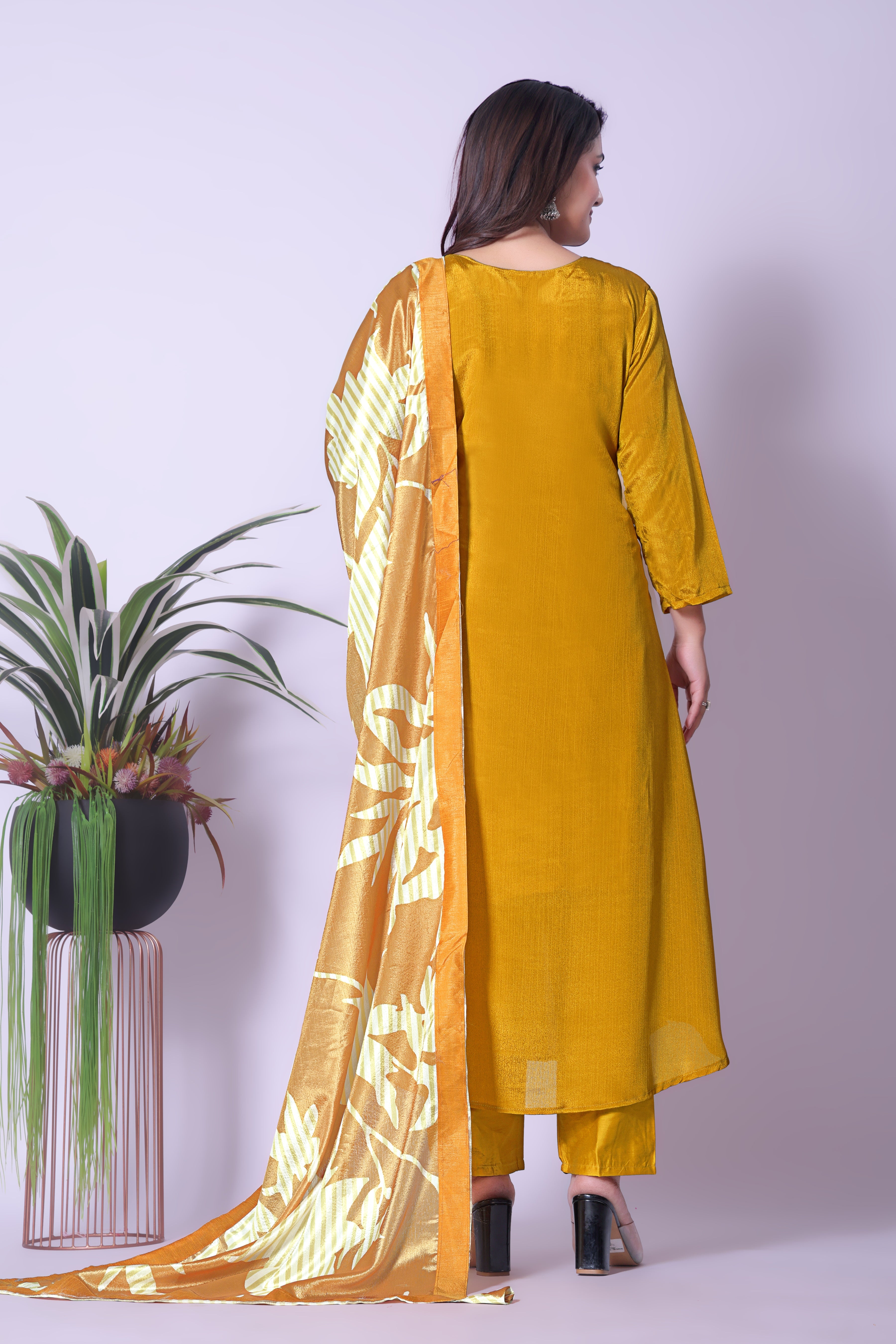 Women's Viscose Silk Kurta, Dhoti Pants & Printed Dupatta Set