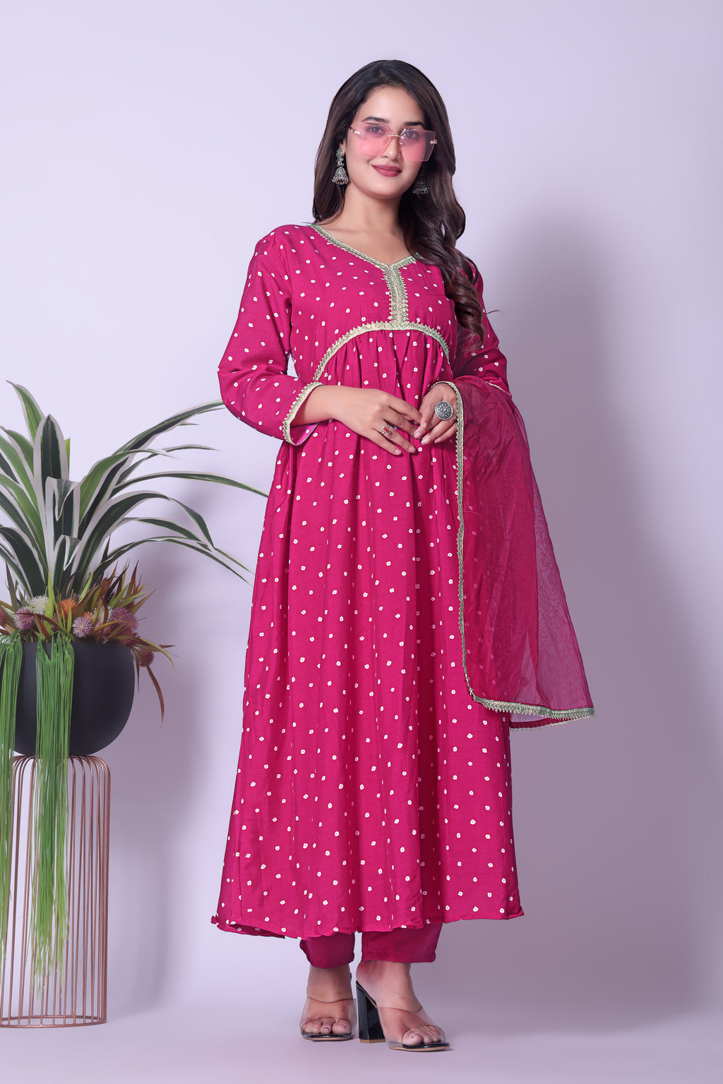Women's Hot RedGeorgette Flared Kurta with Dupatta Set