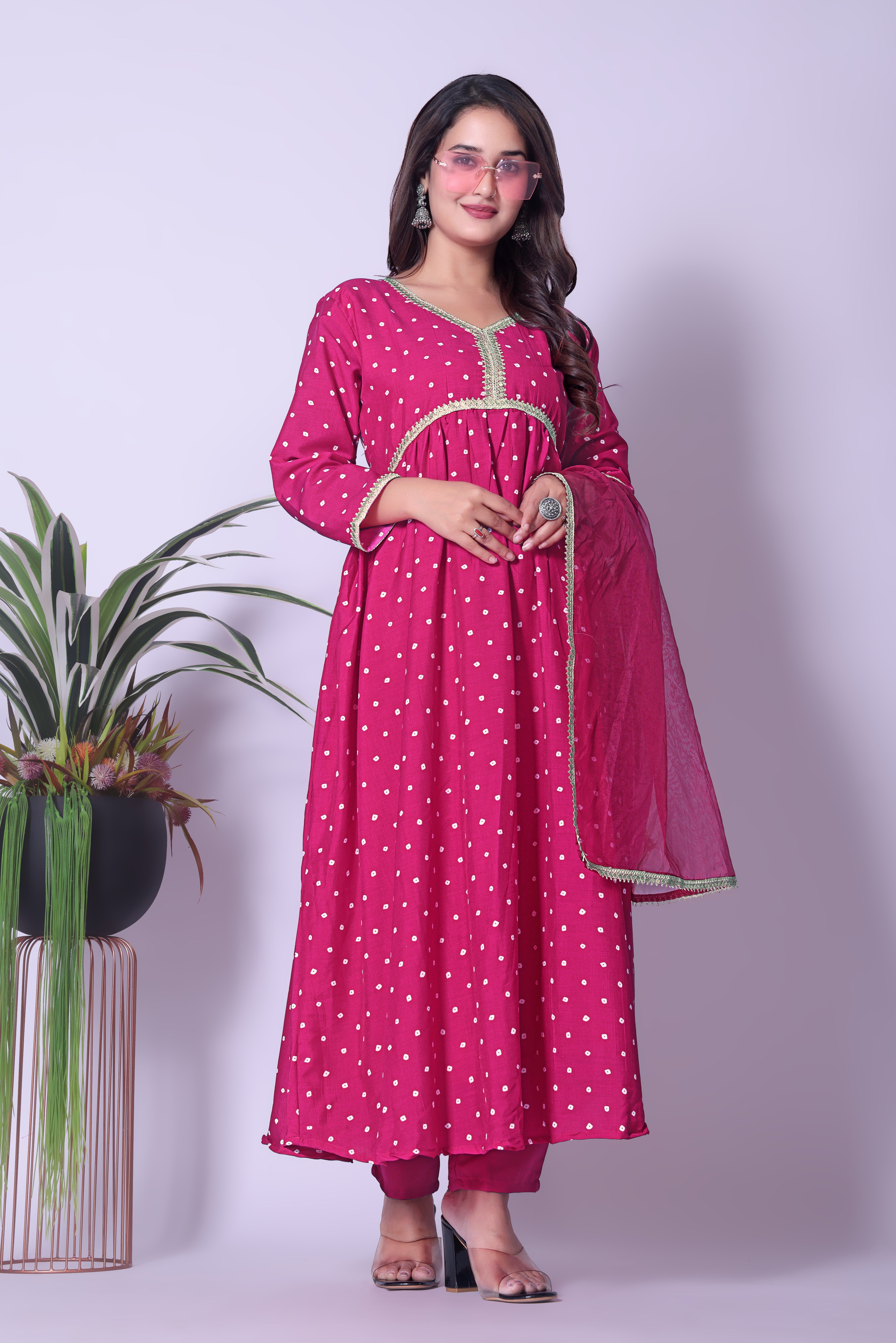 Women's Hot RedGeorgette Flared Kurta with Dupatta Set