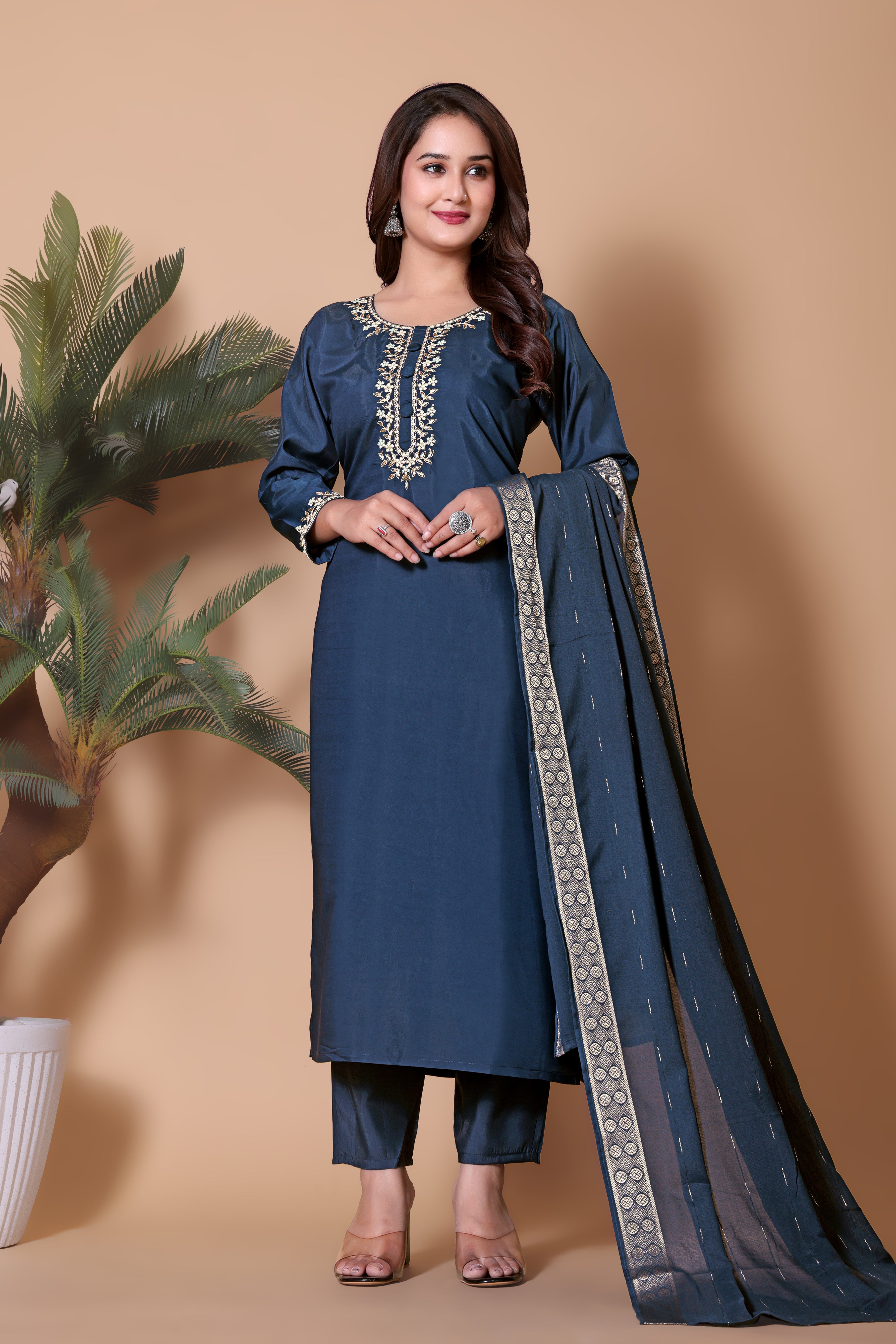 Elegant Navy Blue Embroidered Silk Blend Kurta Pant Set with Matching Dupatta.