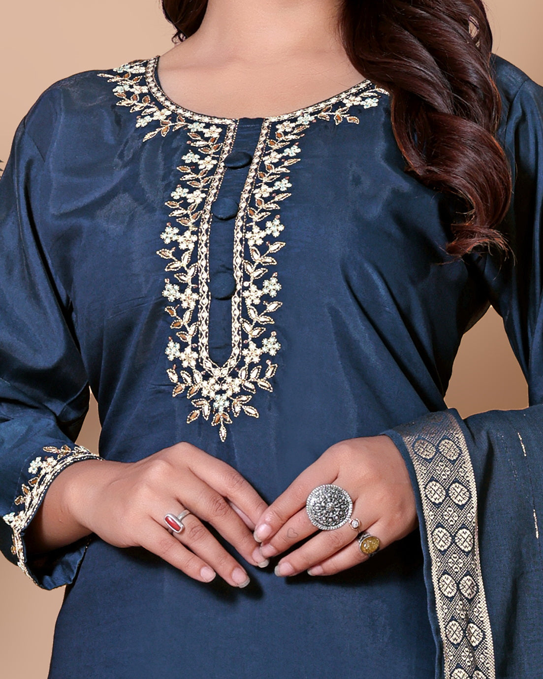 Elegant Navy Blue Embroidered Silk Blend Kurta Pant Set with Matching Dupatta.