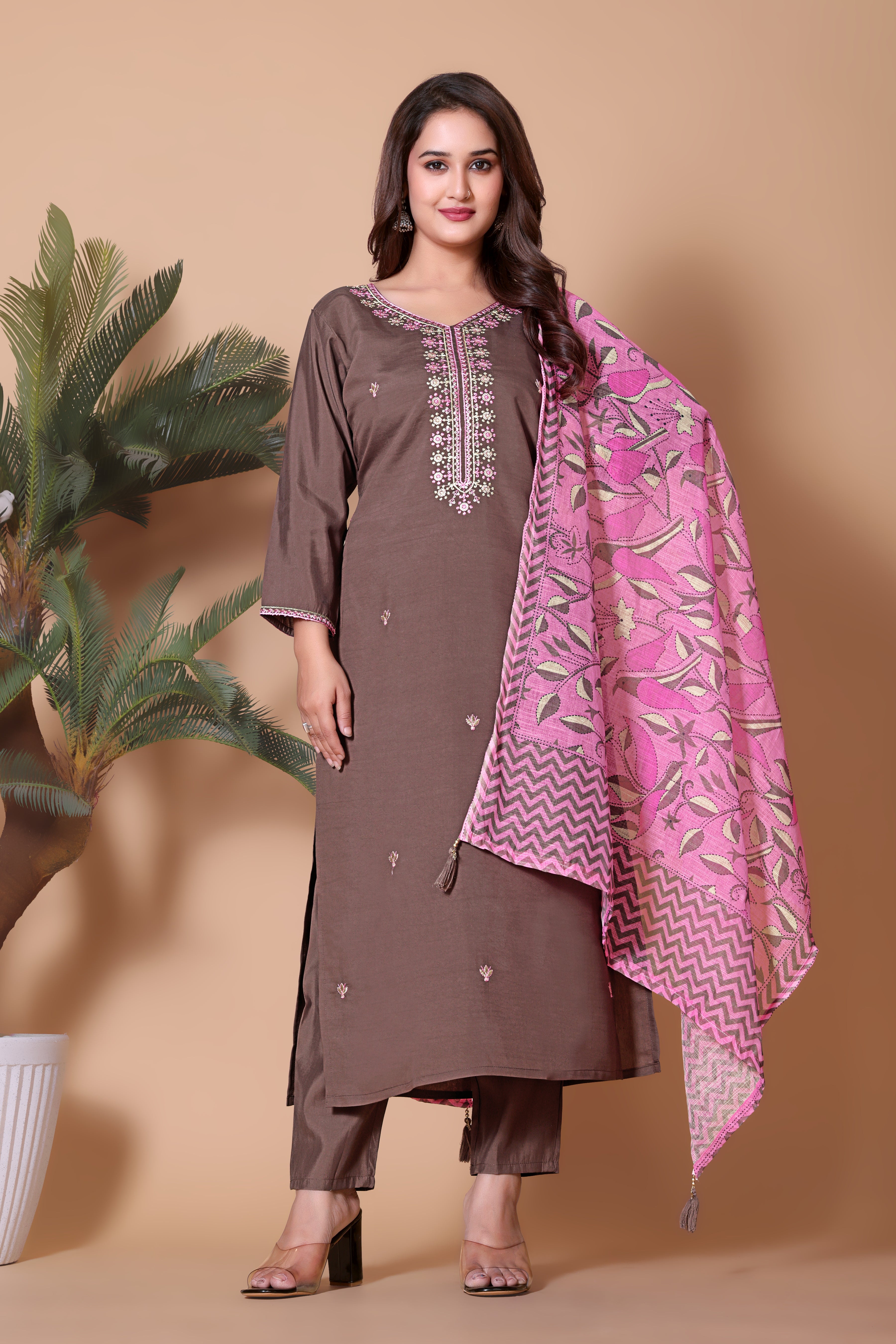 Coffee Brown Embroidered Kurta Suit Set with a Pink Printed Dupatta