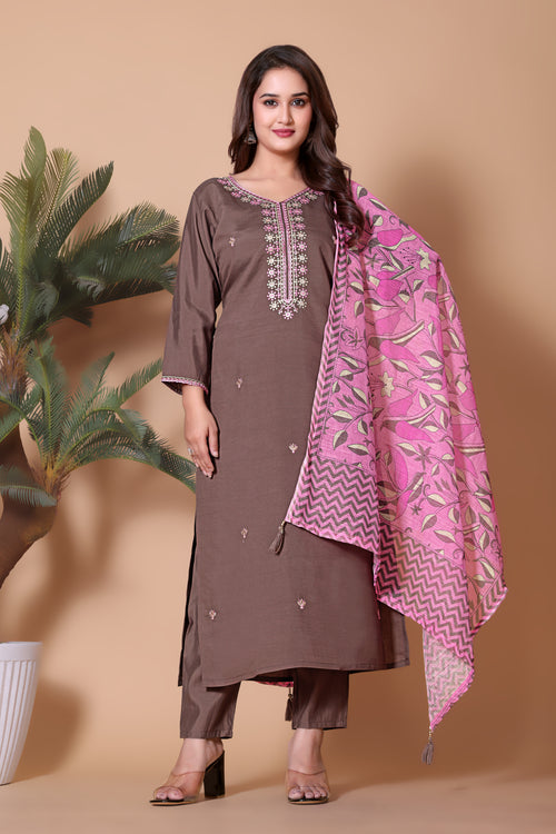 Coffee Brown Embroidered Kurta Suit Set with a Pink Printed Dupatta