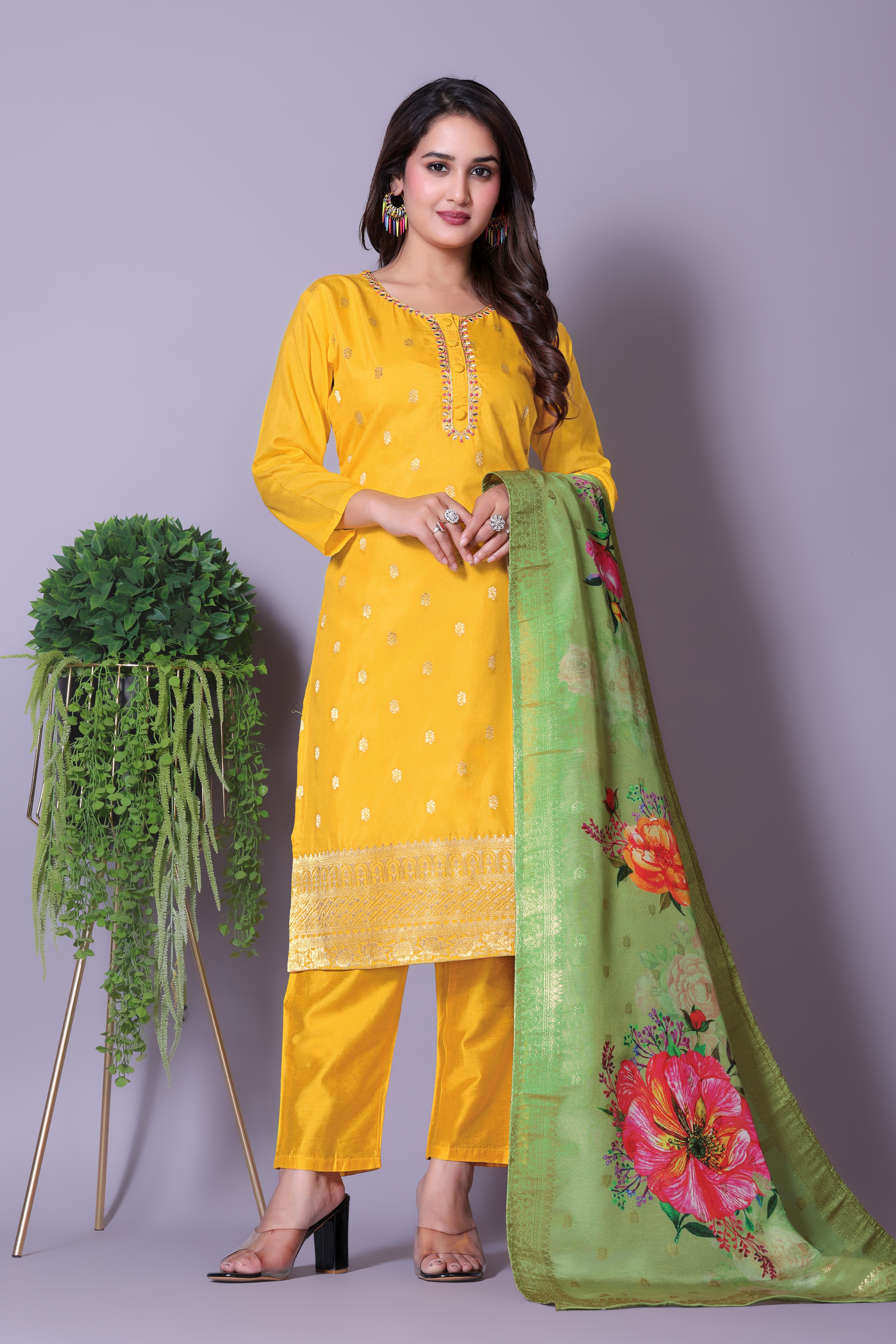 Vibrant Yellow Embroidered Kurta Set with Floral Organza Dupatta & Solid Pants