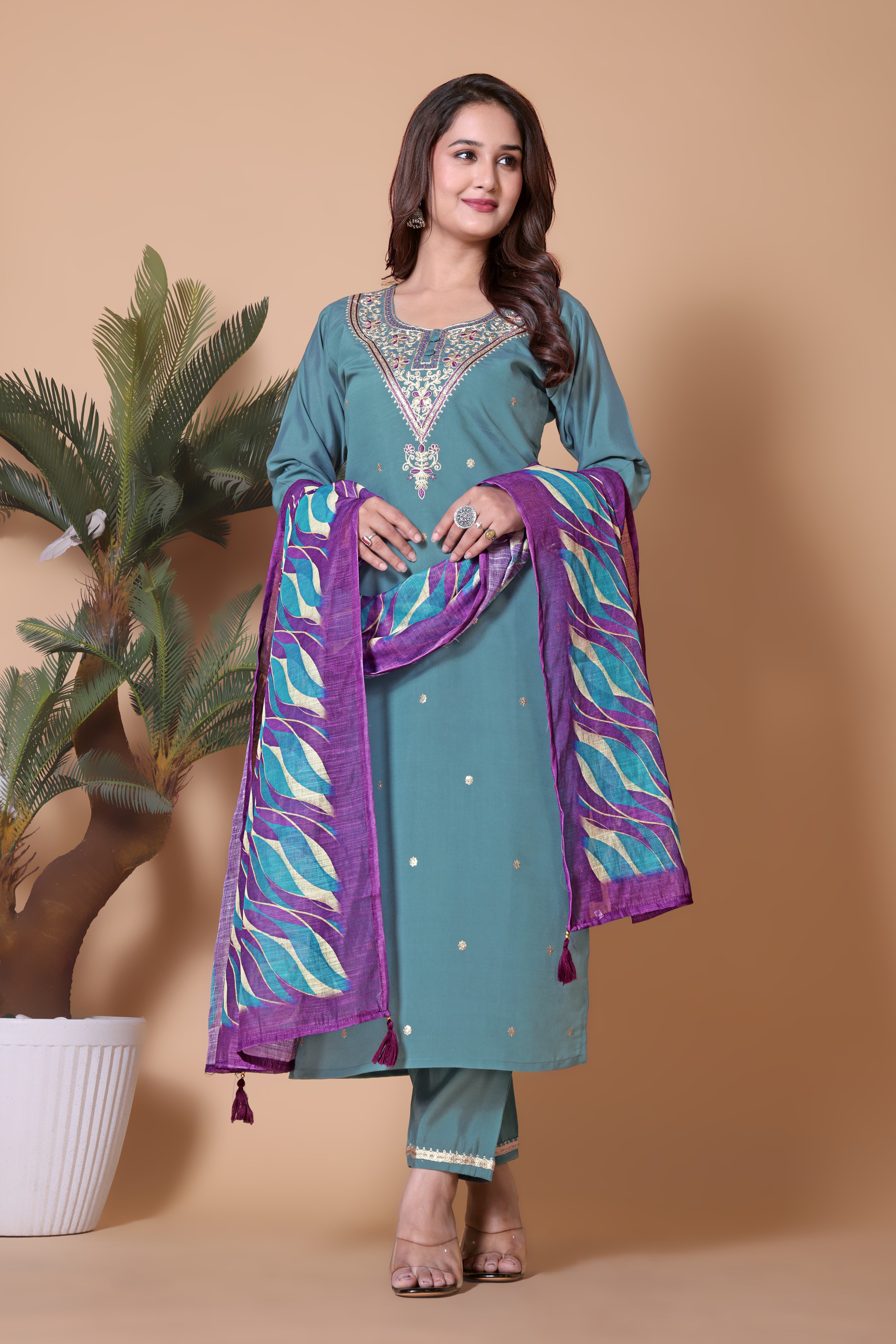Women's Embroidered Viscose Chanderi Kurta Set with Dupatta