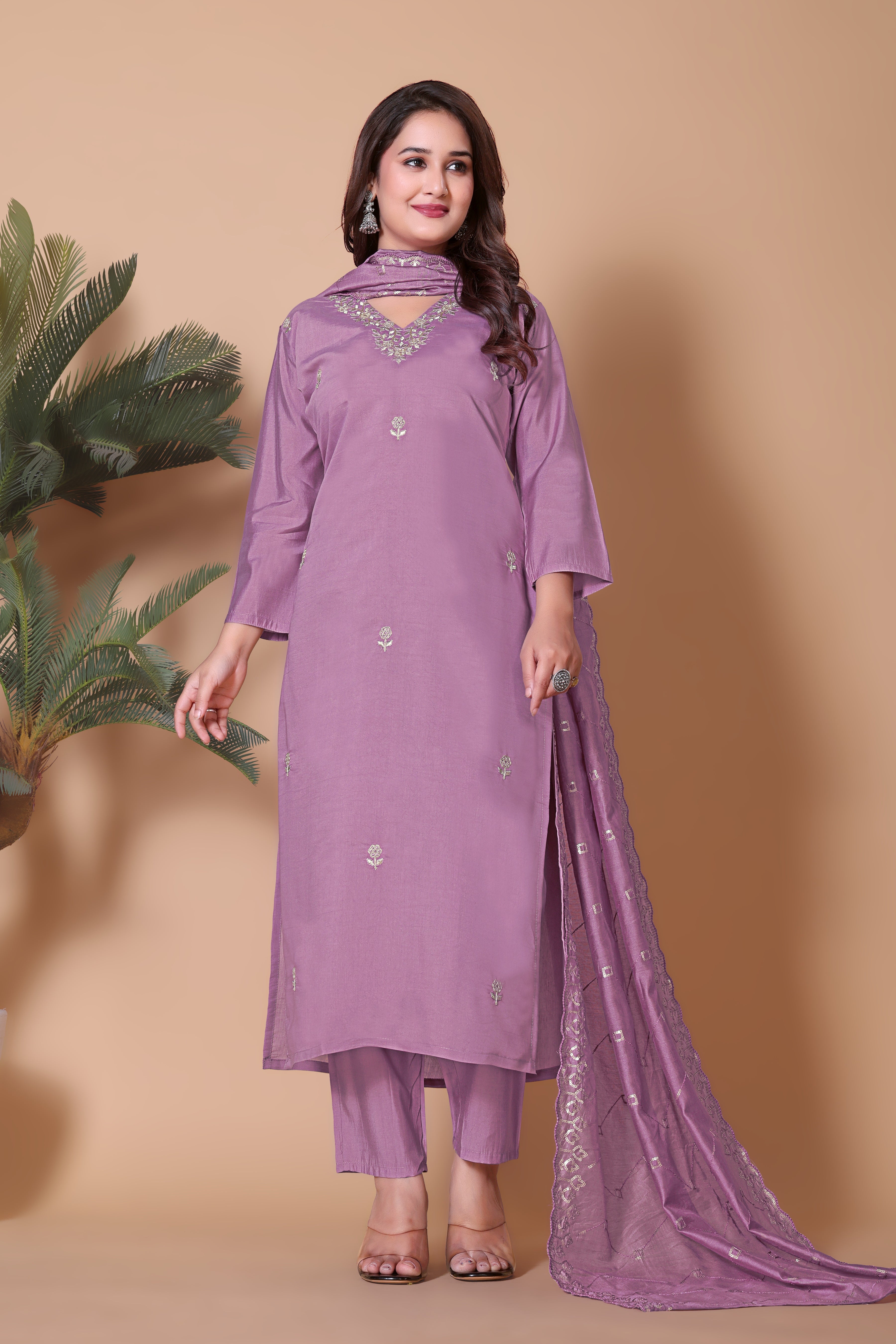Women's Embroidered Pink Kurta Set with Dupatta and Pants