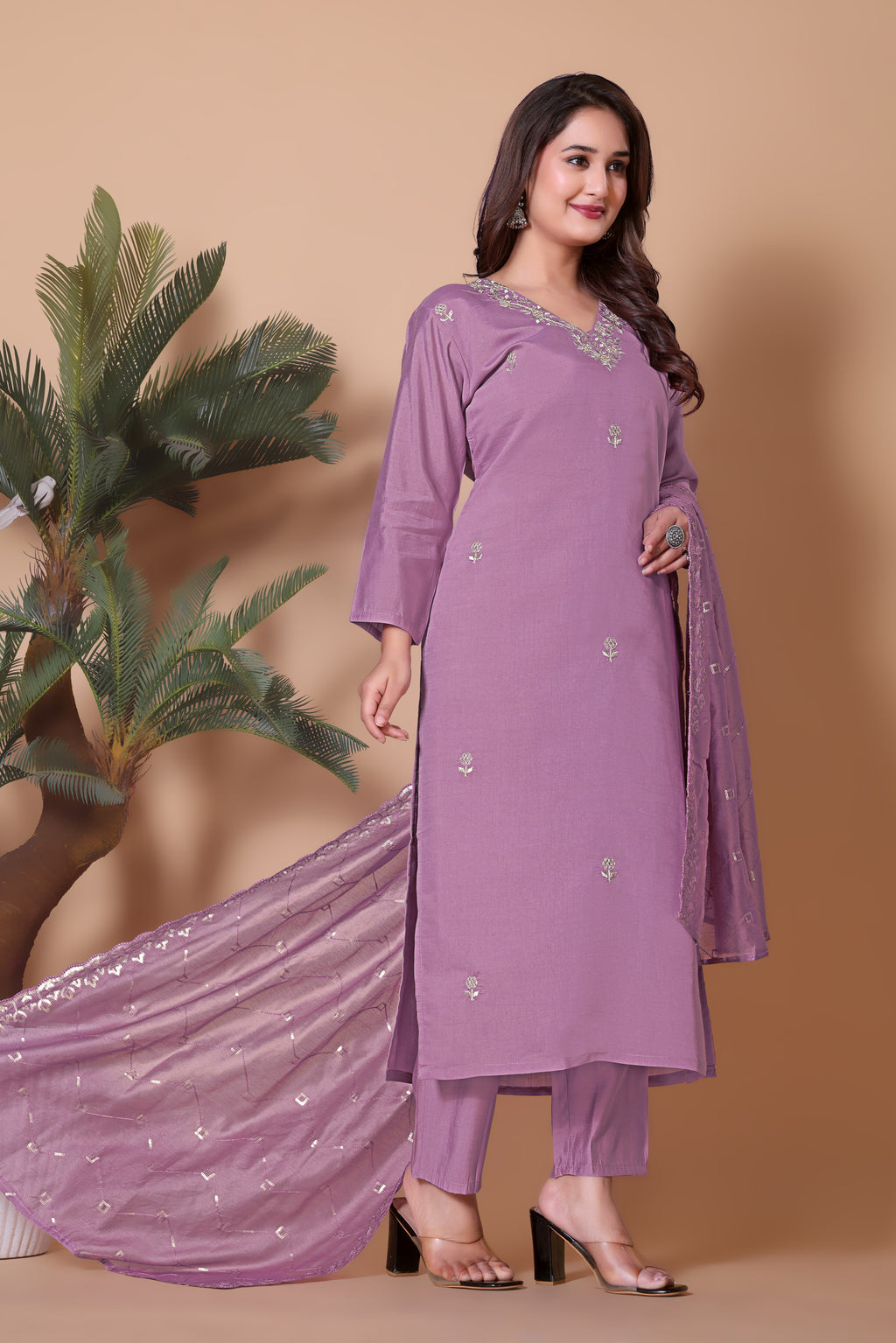 Women's Embroidered Pink Kurta Set with Dupatta and Pants