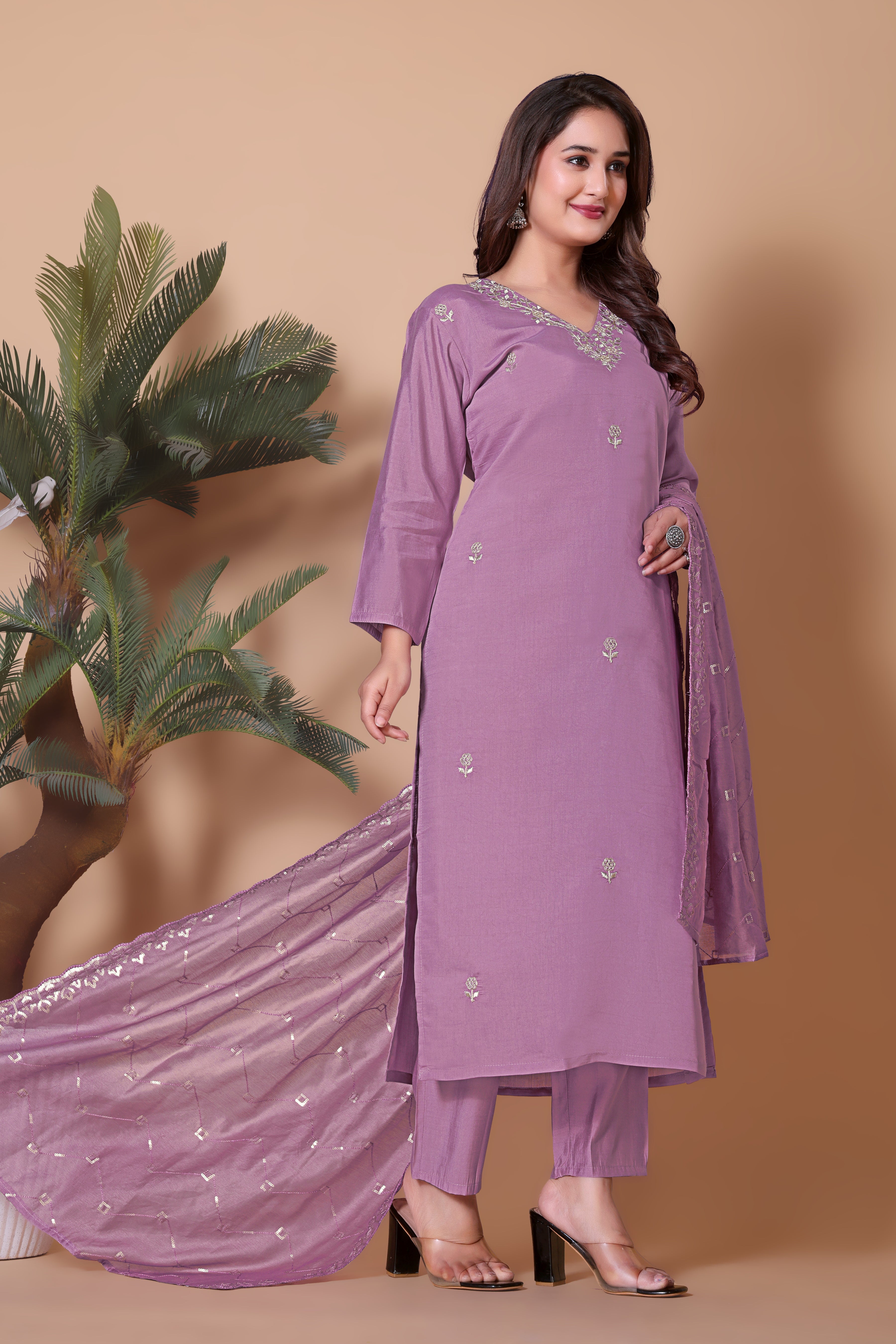 Women's Embroidered Pink Kurta Set with Dupatta and Pants