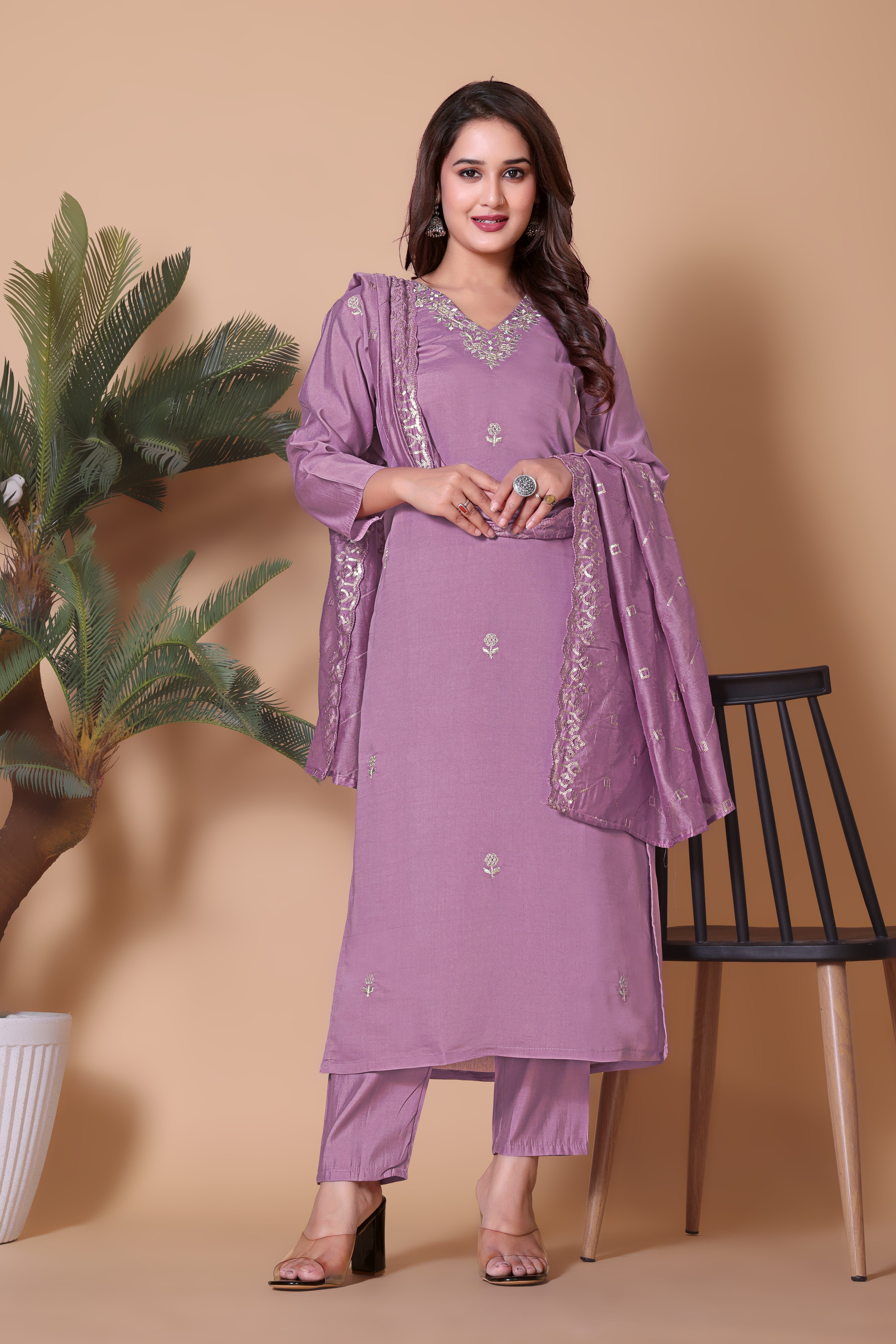 Women's Embroidered Pink Kurta Set with Dupatta and Pants